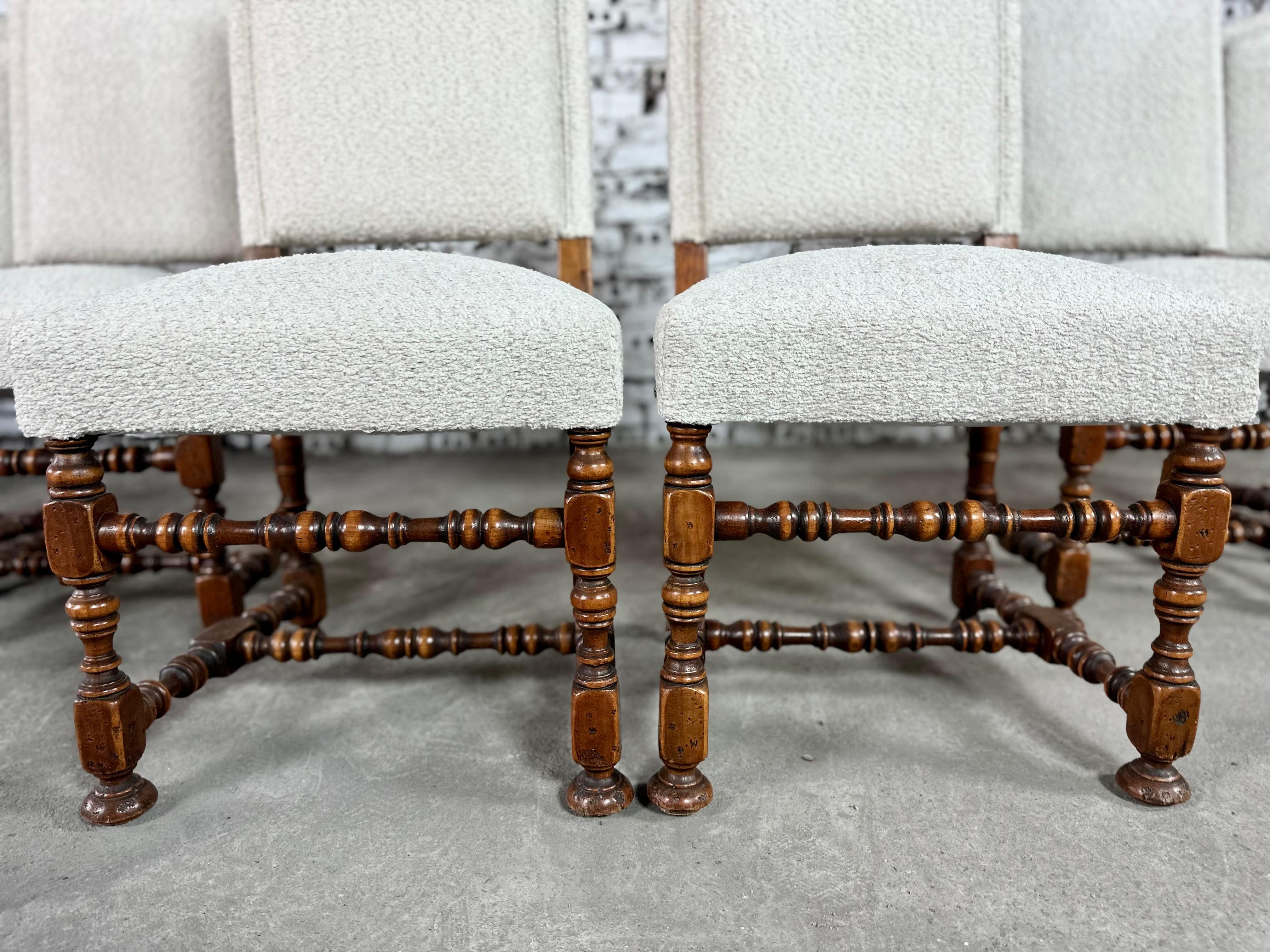 French Louis XIII Style Side Dining Chairs, Reupholstered - Set of 6 For Sale 1