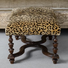 French Louis XIII Style Turned Wood Ottoman, Animal Print Velvet