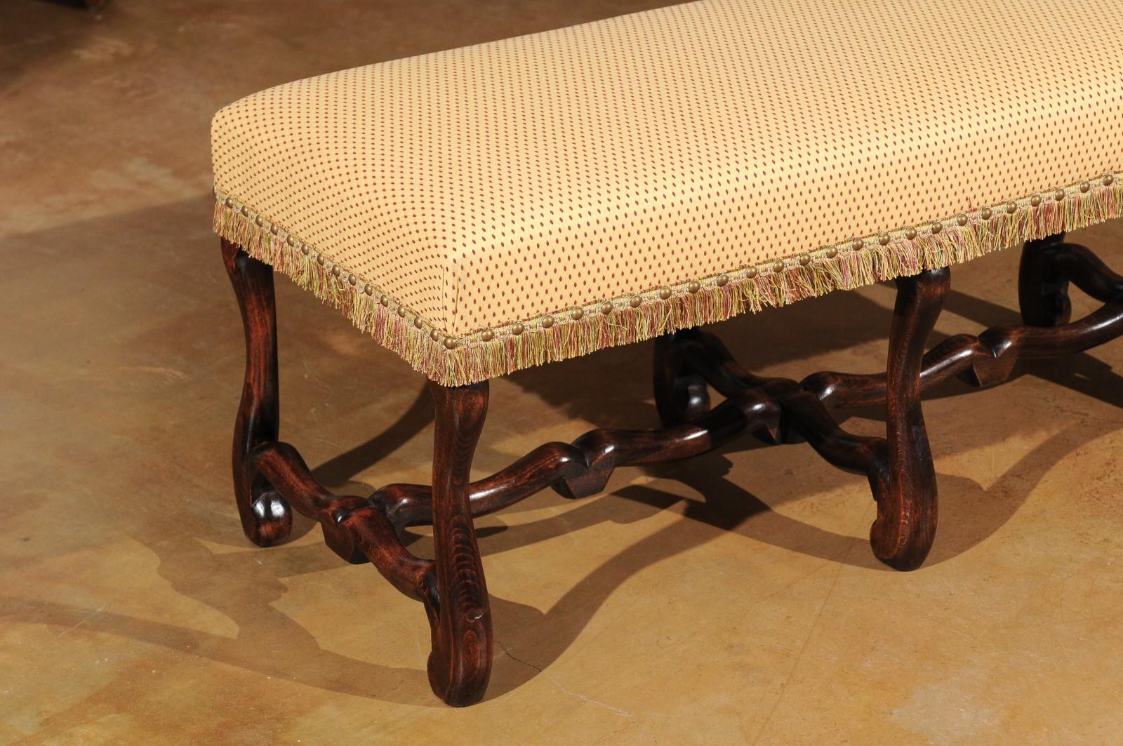 19th Century French Louis XIII Style Upholstered Bench with Os De Mouton Legs, circa 1860