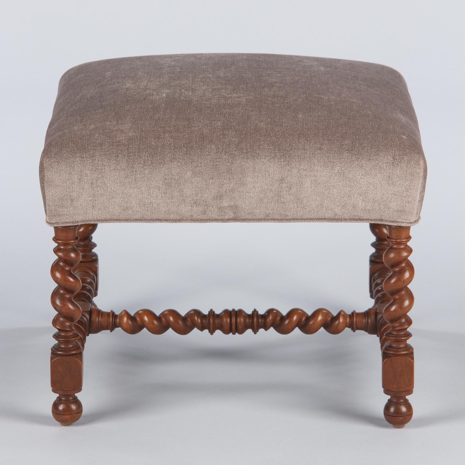 Fabric French Louis XIII Style Upholstered Walnut Ottoman, 1920s