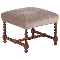 Antique French Louis XIII Style Upholstered Walnut Ottoman, 1920s