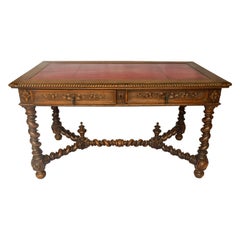 Antique French Louis XIII Style Walnut Desk with Leather Top and Barley Twist Base