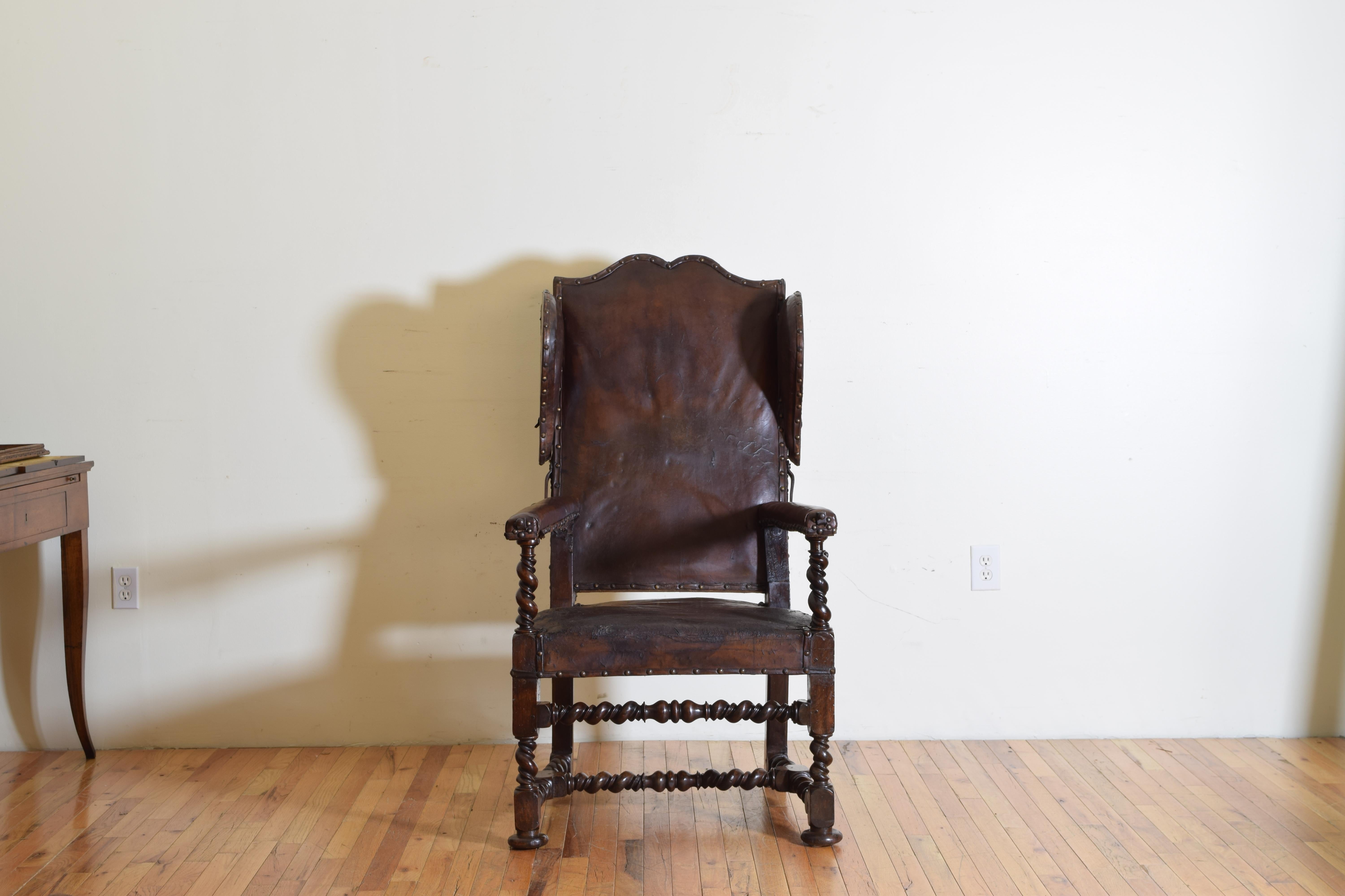 17th Century French Louis XIII Turned Walnut Leather Upholstered Reclining Armchair