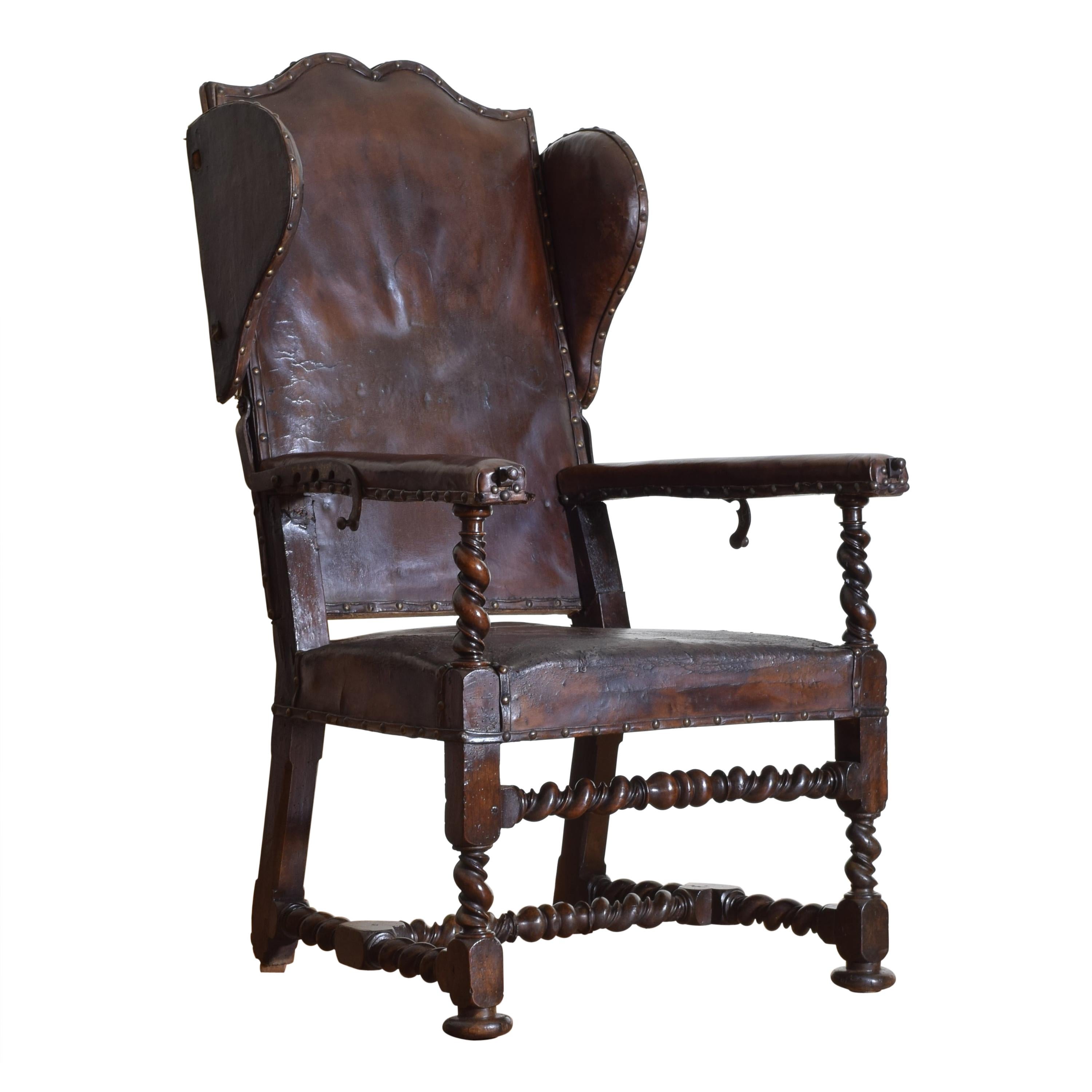 French Louis XIII Turned Walnut Leather Upholstered Reclining Armchair