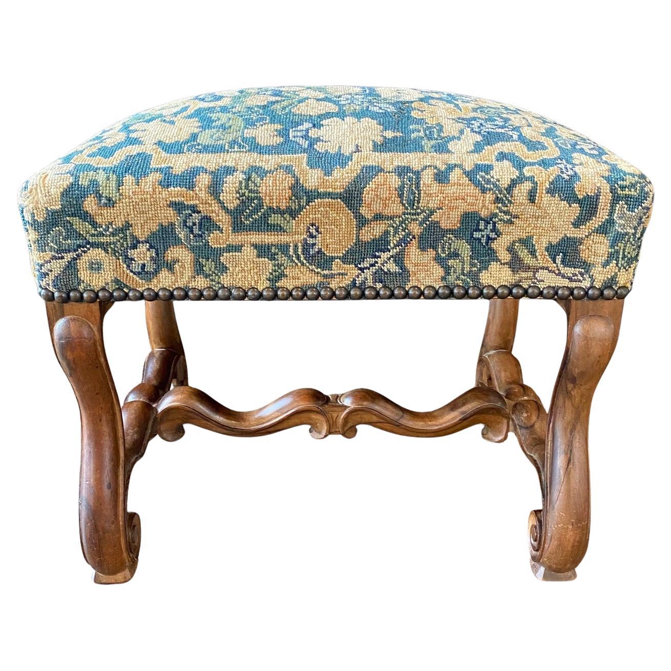 French Louis XIV Carved Walnut Bench Ottoman with Gorgeous Tapestry Upholstery