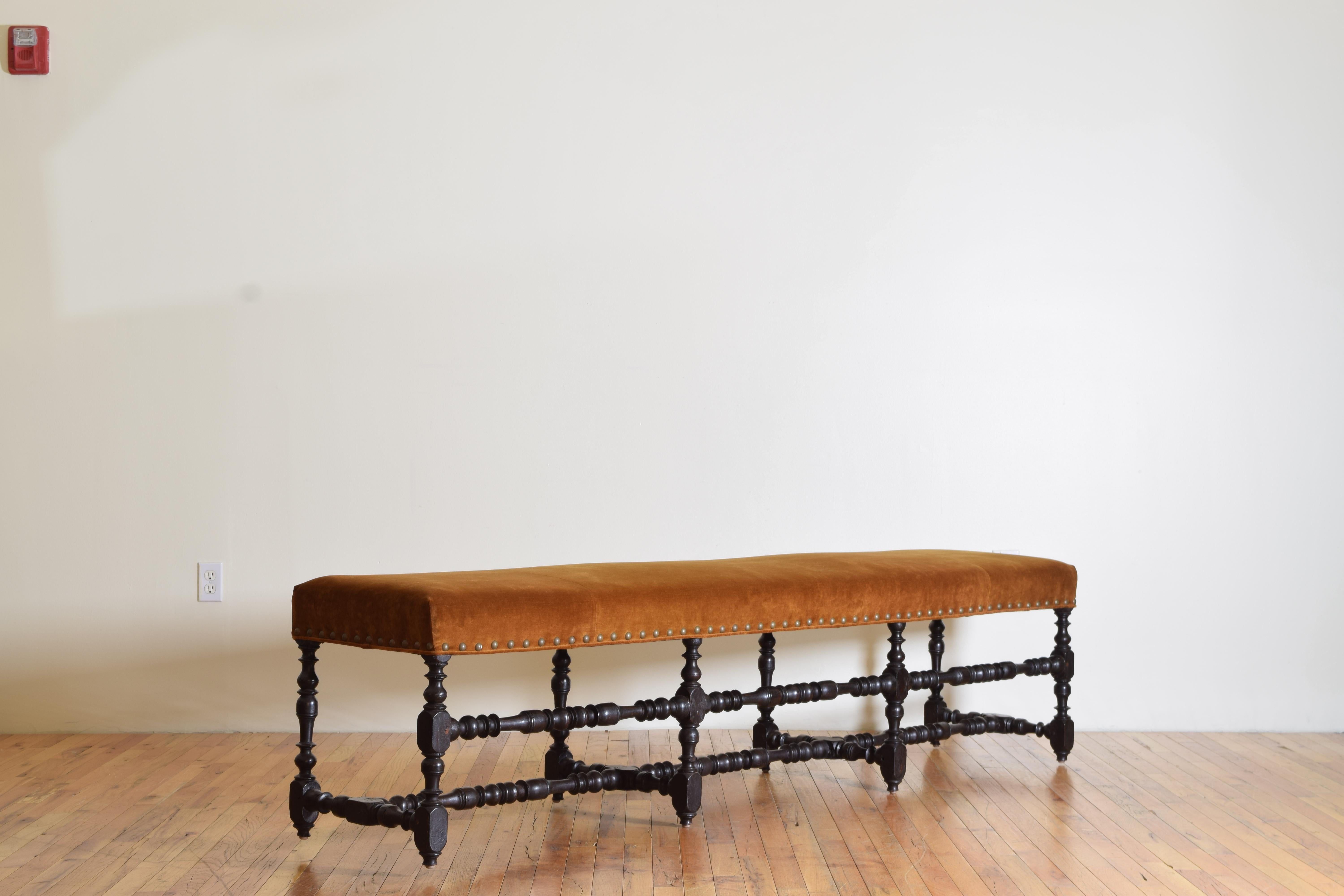 French Louis XIV Ebonized Walnut & Upholstered Long Bench, Early 18th Century 1