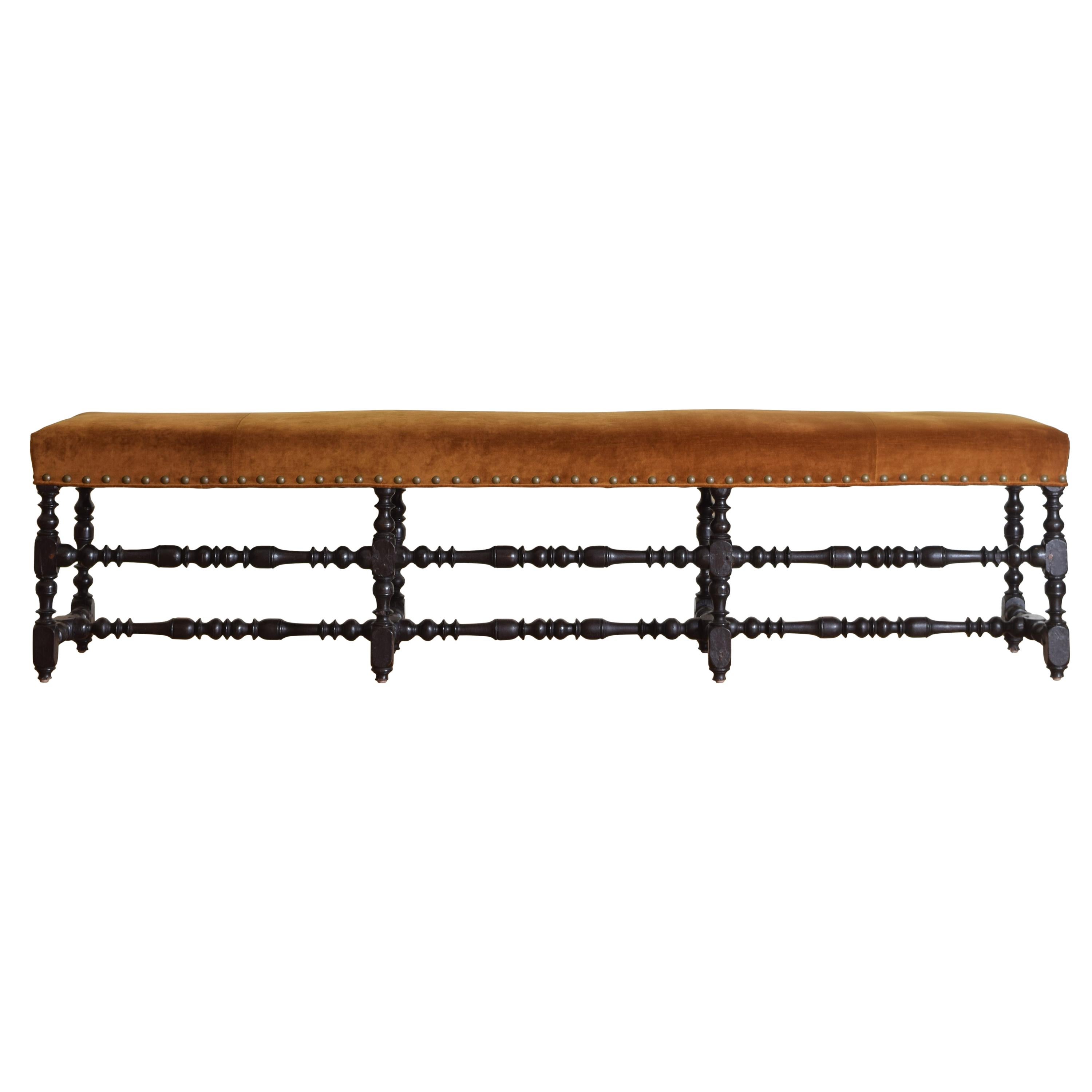 French Louis XIV Ebonized Walnut & Upholstered Long Bench, Early 18th Century