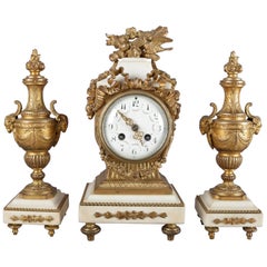 French Louis XIV Figural Gilt Metal and Marble Garniture Clock Set, circa 1890