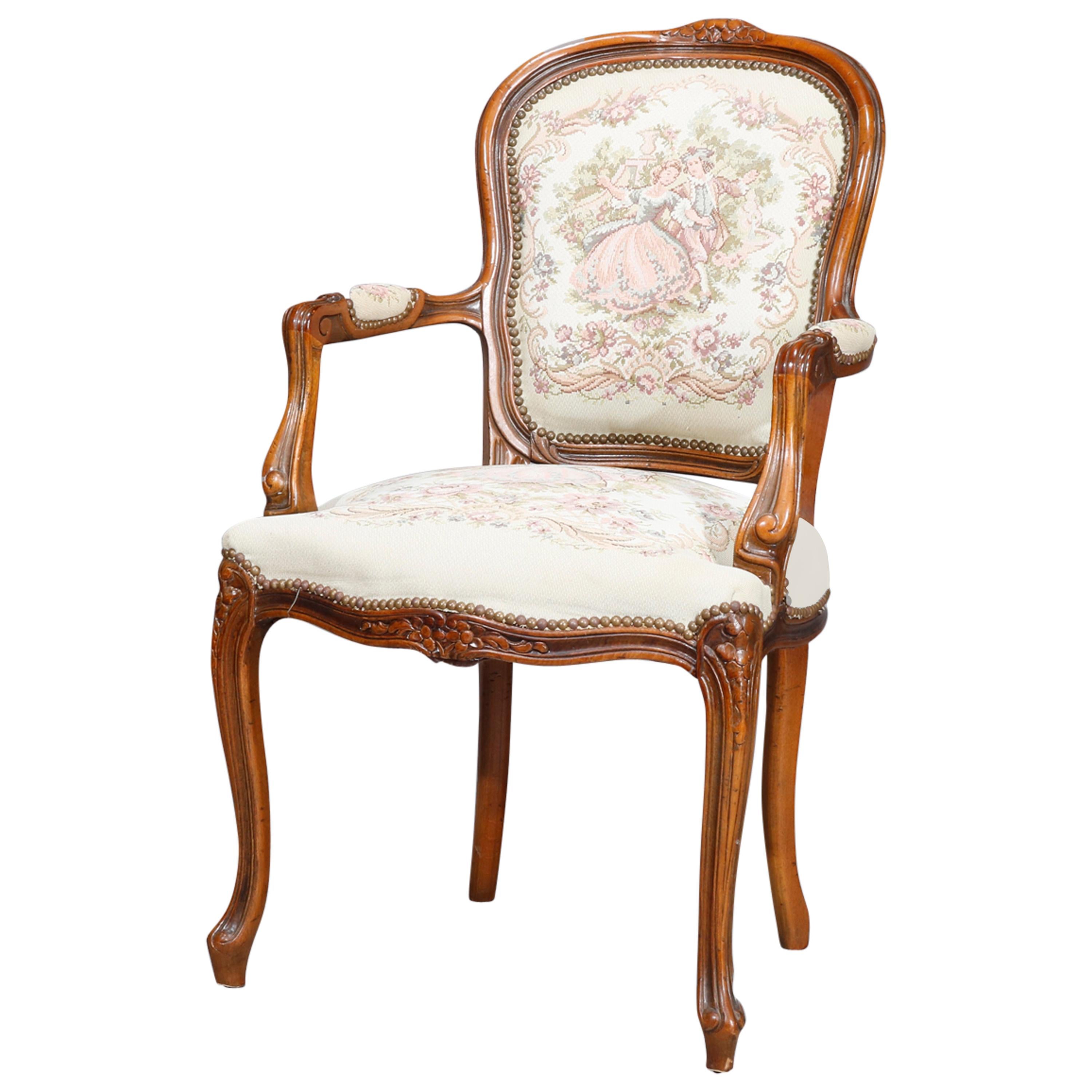French Louis XIV French Fauteuil Tapestry Carved Walnut Armchair, 20th Century