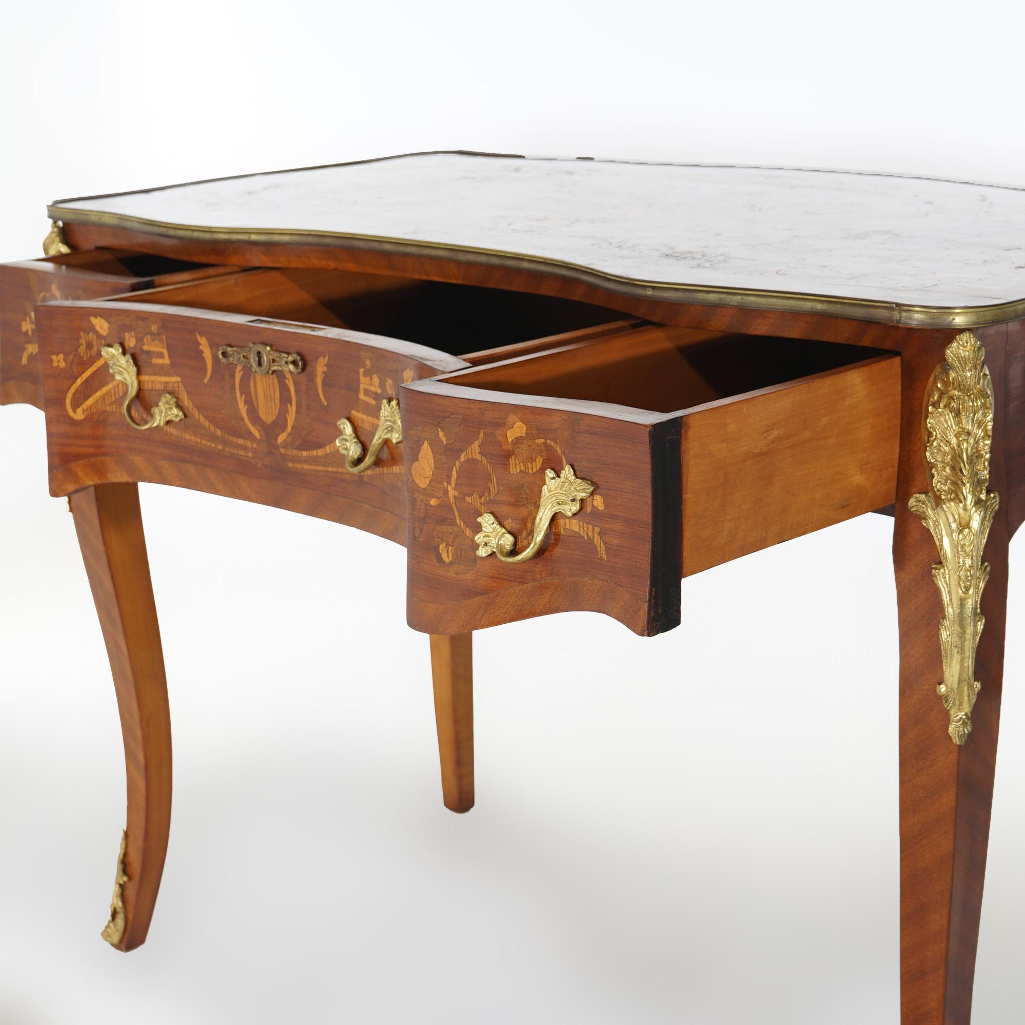 French Louis XIV Kingwood, Mahogany, Ormolu & Satinwood Bureau Plat Desk 20th C For Sale 1
