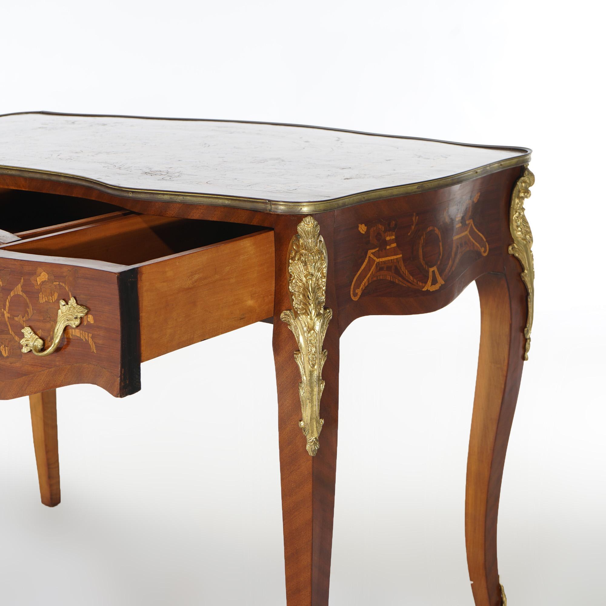French Louis XIV Kingwood, Mahogany, Ormolu & Satinwood Bureau Plat Desk 20th C For Sale 3