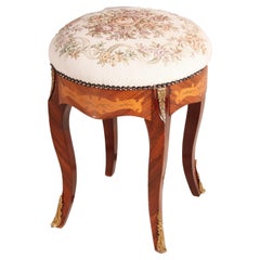 French Louis XIV Kingwood & Satinwood Inlaid Stool with Tapestry Seat 20th C