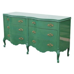 French Louis XIV Lacquered Green Double Serpentine Front Brass Handles Dresser