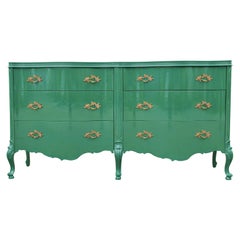 French Louis XIV Lacquered Green Double Serpentine Front Brass Handles Dresser