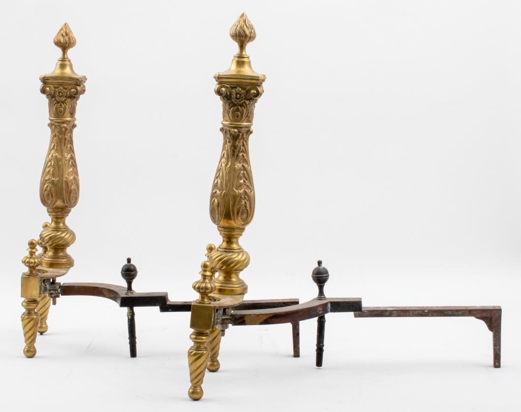 20th Century French Louis XIV Manner Gilt Brass Andirons, Pair For Sale