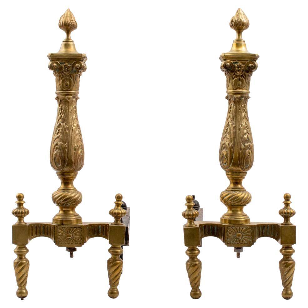 French Louis XIV Manner Gilt Brass Andirons, Pair For Sale