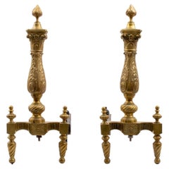 Vintage French Louis XIV Manner Gilt Brass Andirons, Pair