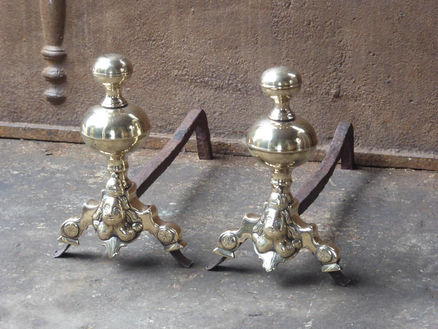 Forged French Louis XIV Period Andirons or Firedogs, 17th Century