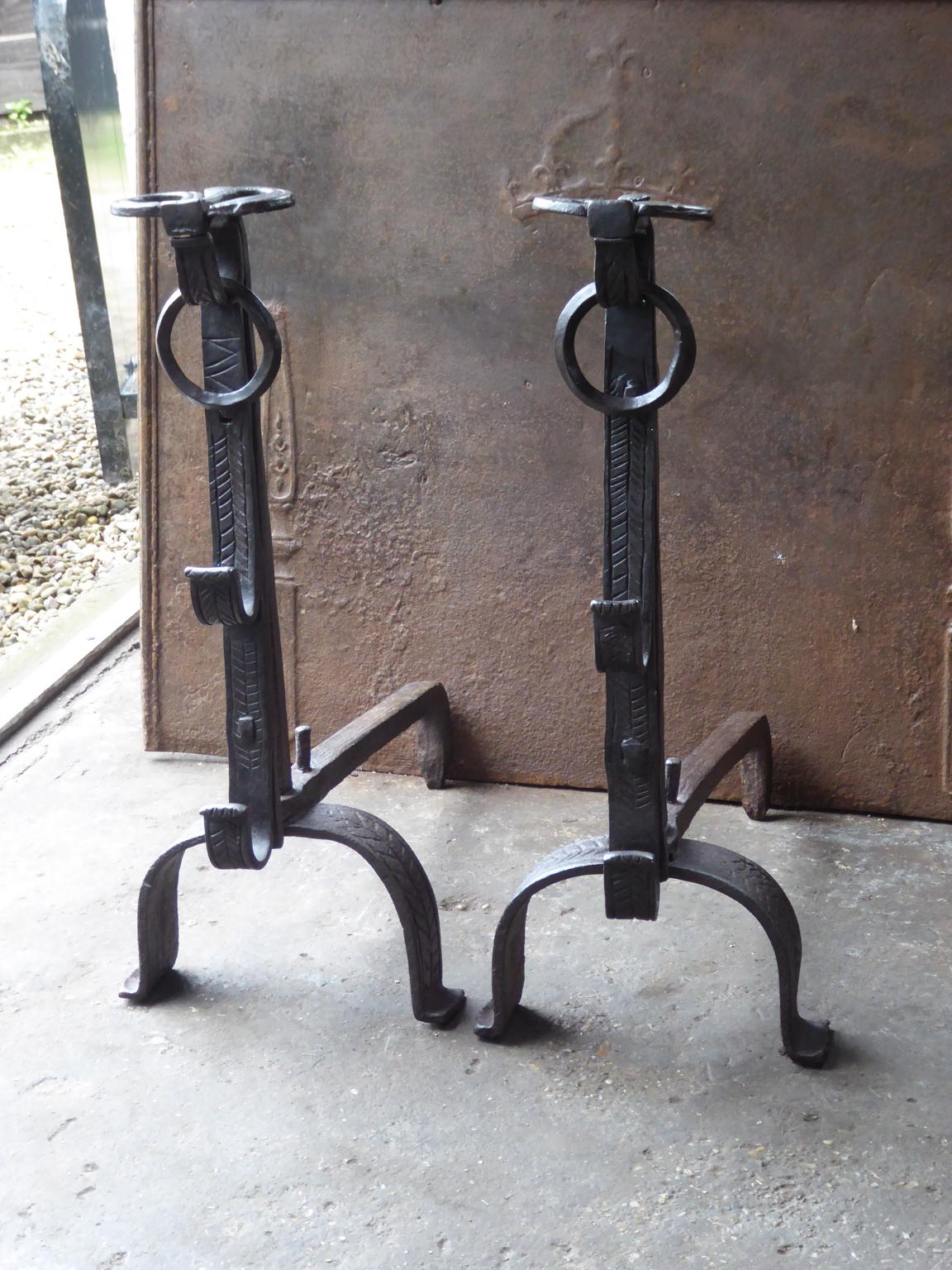 Forged French Louis XIV Period Andirons or Firedogs, 17th Century For Sale