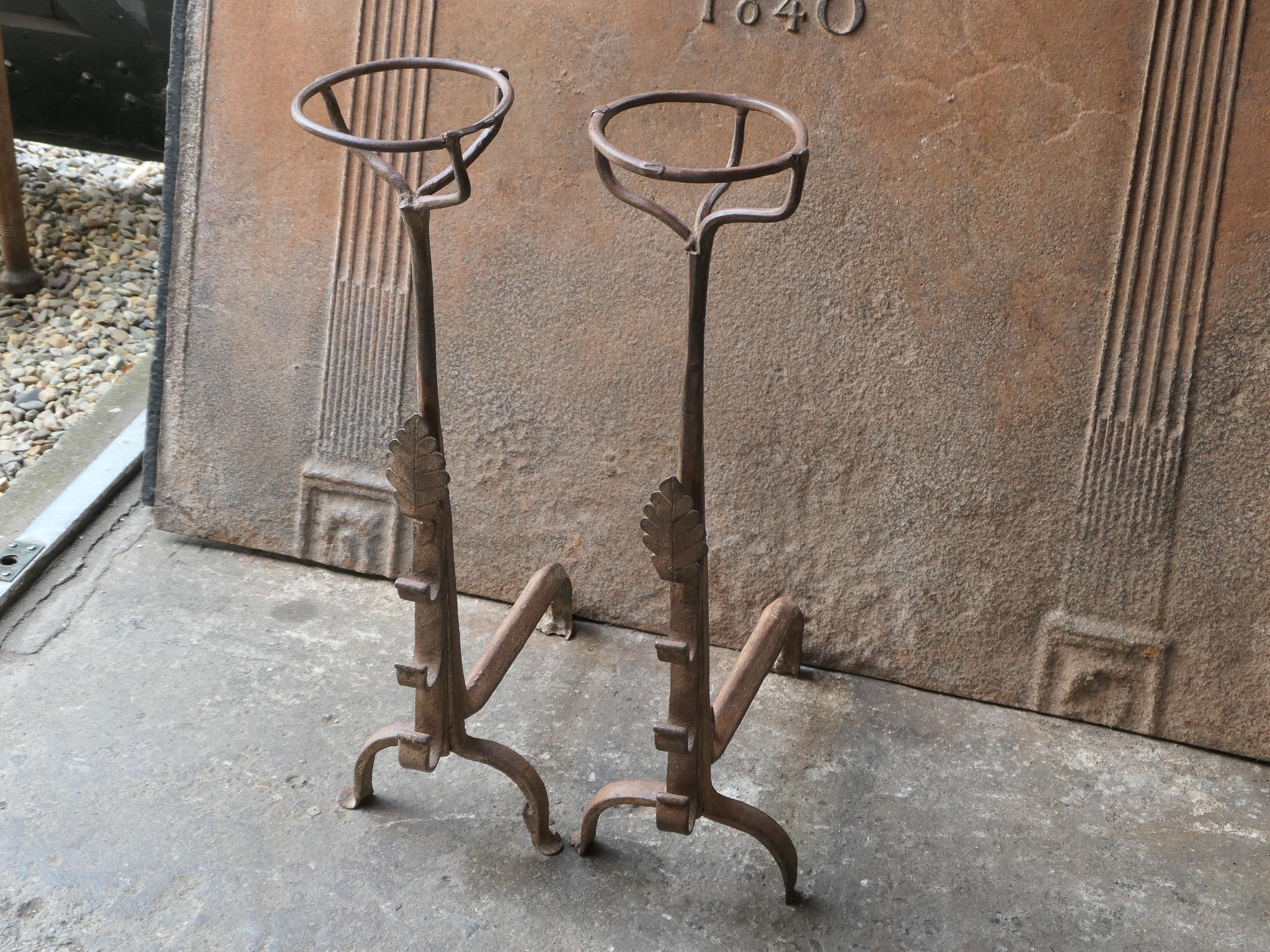 Wrought Iron French Louis XIV Period Fireplace Andirons or Fire Grate, 17th-18th Century