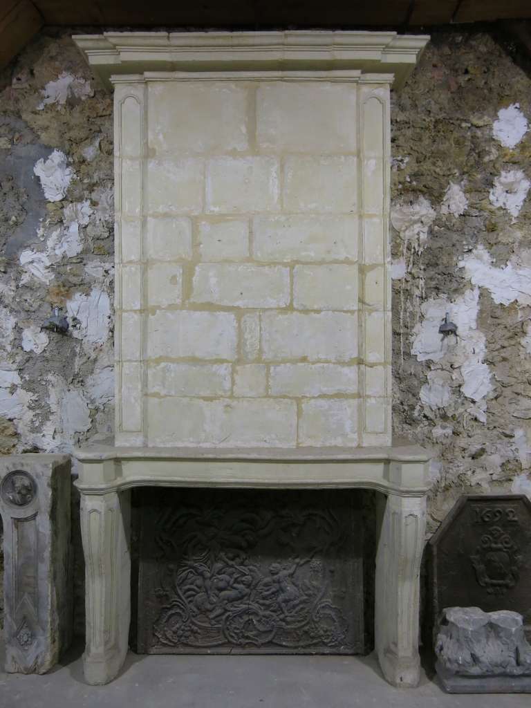 Hand-Carved French Louis XIV Period Fireplace with Trumeau Limestone 18th C Paris-France For Sale