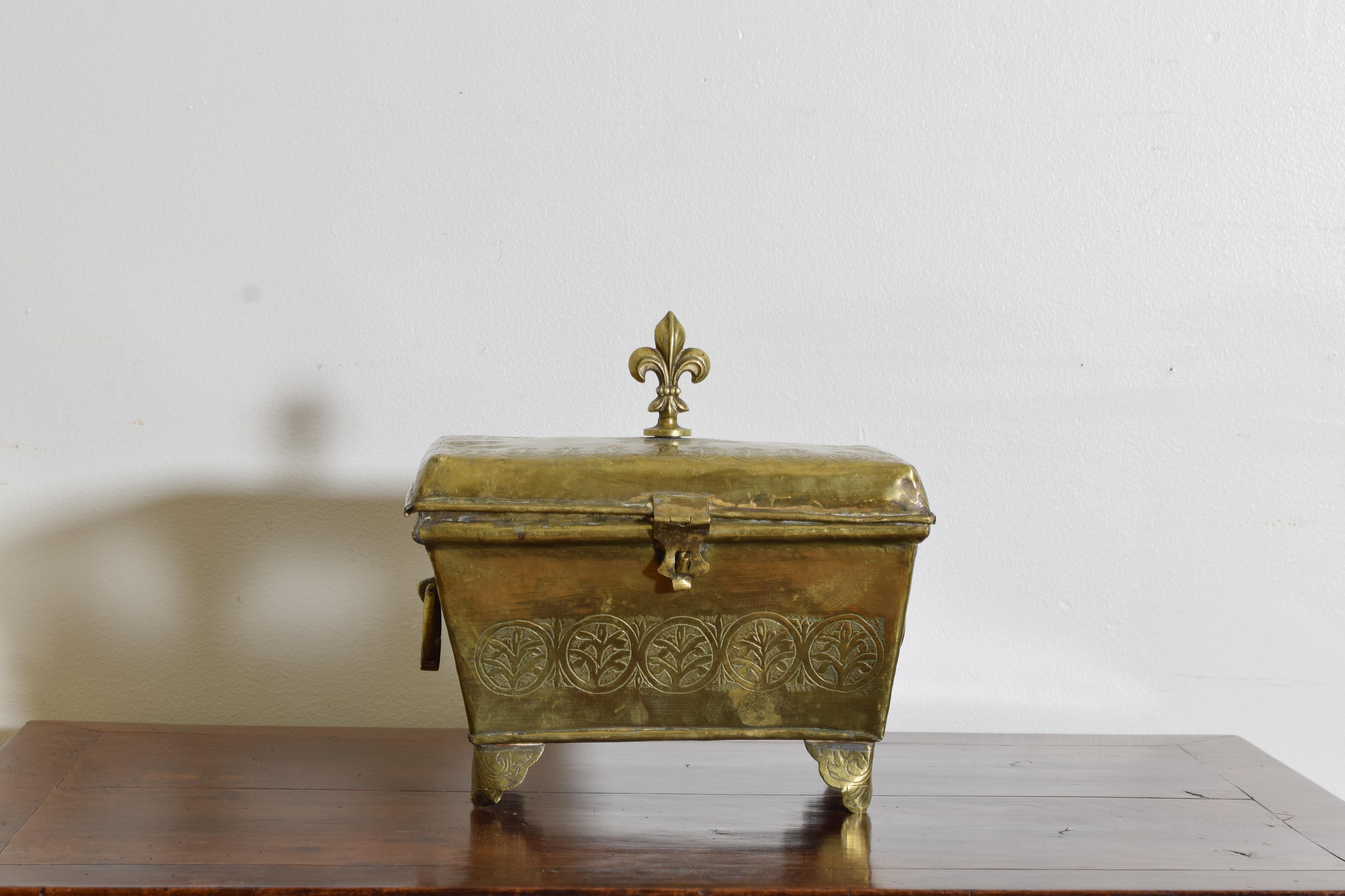 French Louis XIV Period HInged Incised Brass Keeping Box, early 18th century In Good Condition In Atlanta, GA