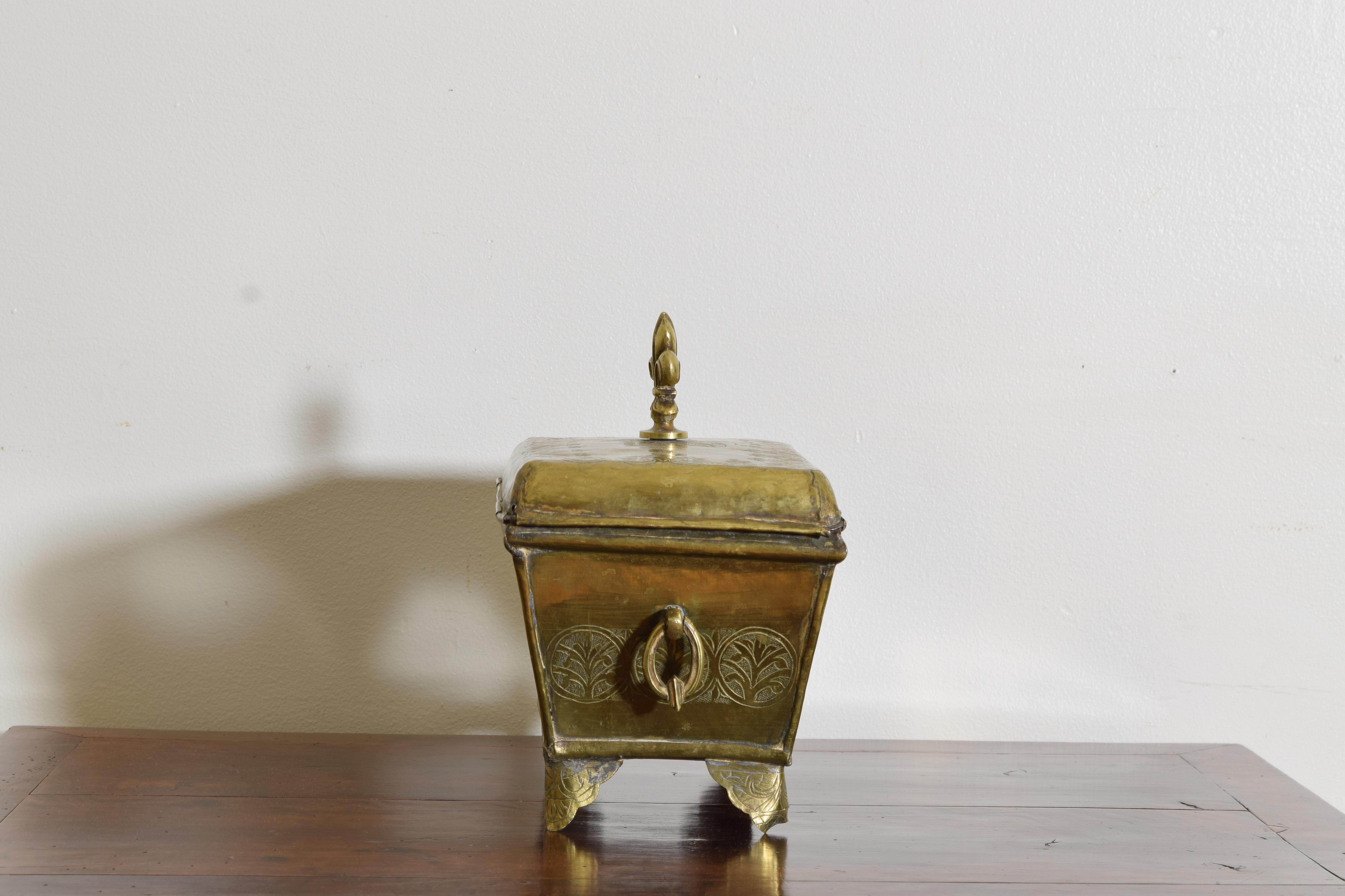 Early 18th Century French Louis XIV Period HInged Incised Brass Keeping Box, early 18th century