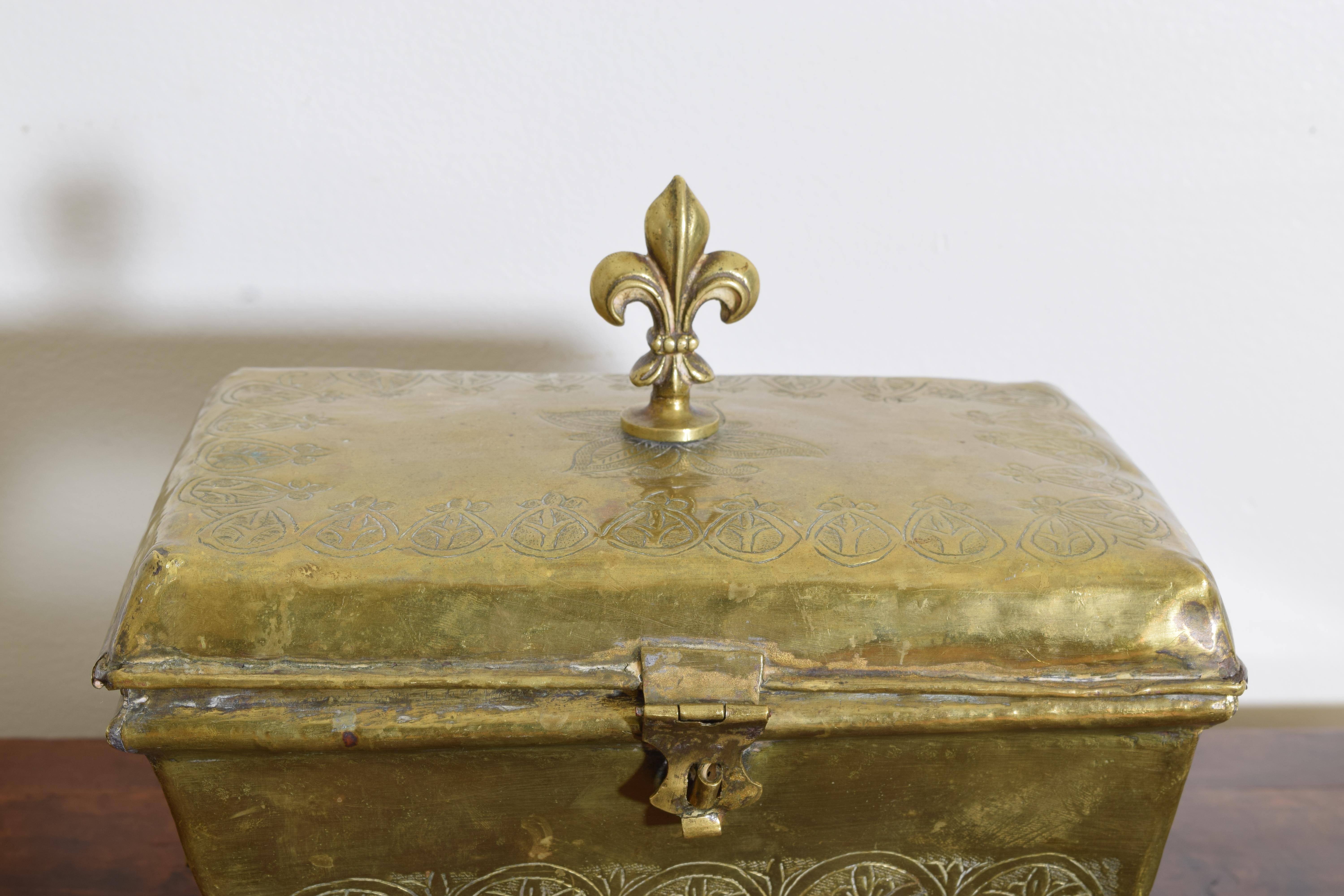 French Louis XIV Period HInged Incised Brass Keeping Box, early 18th century 2