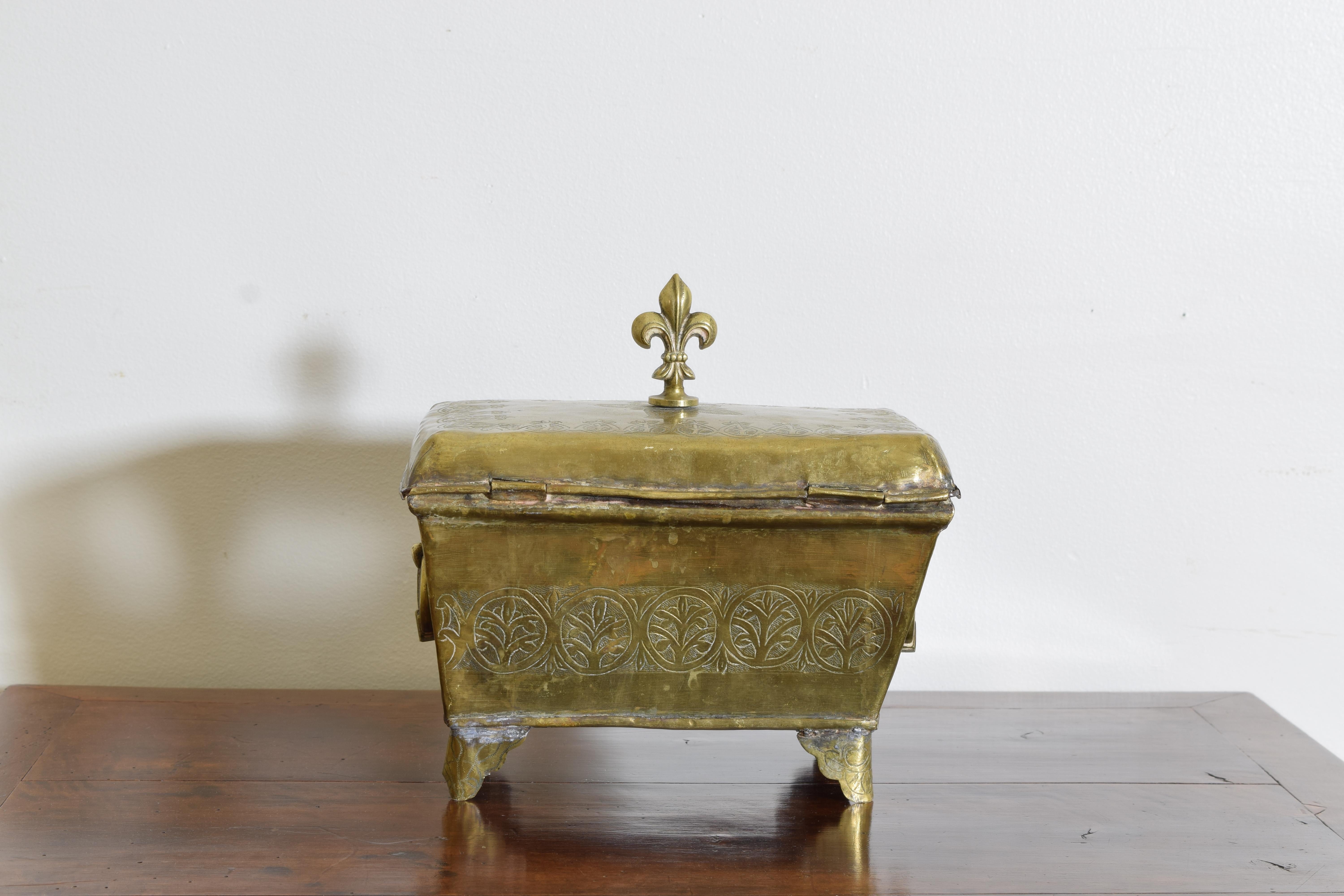 French Louis XIV Period HInged Incised Brass Keeping Box, early 18th century 4