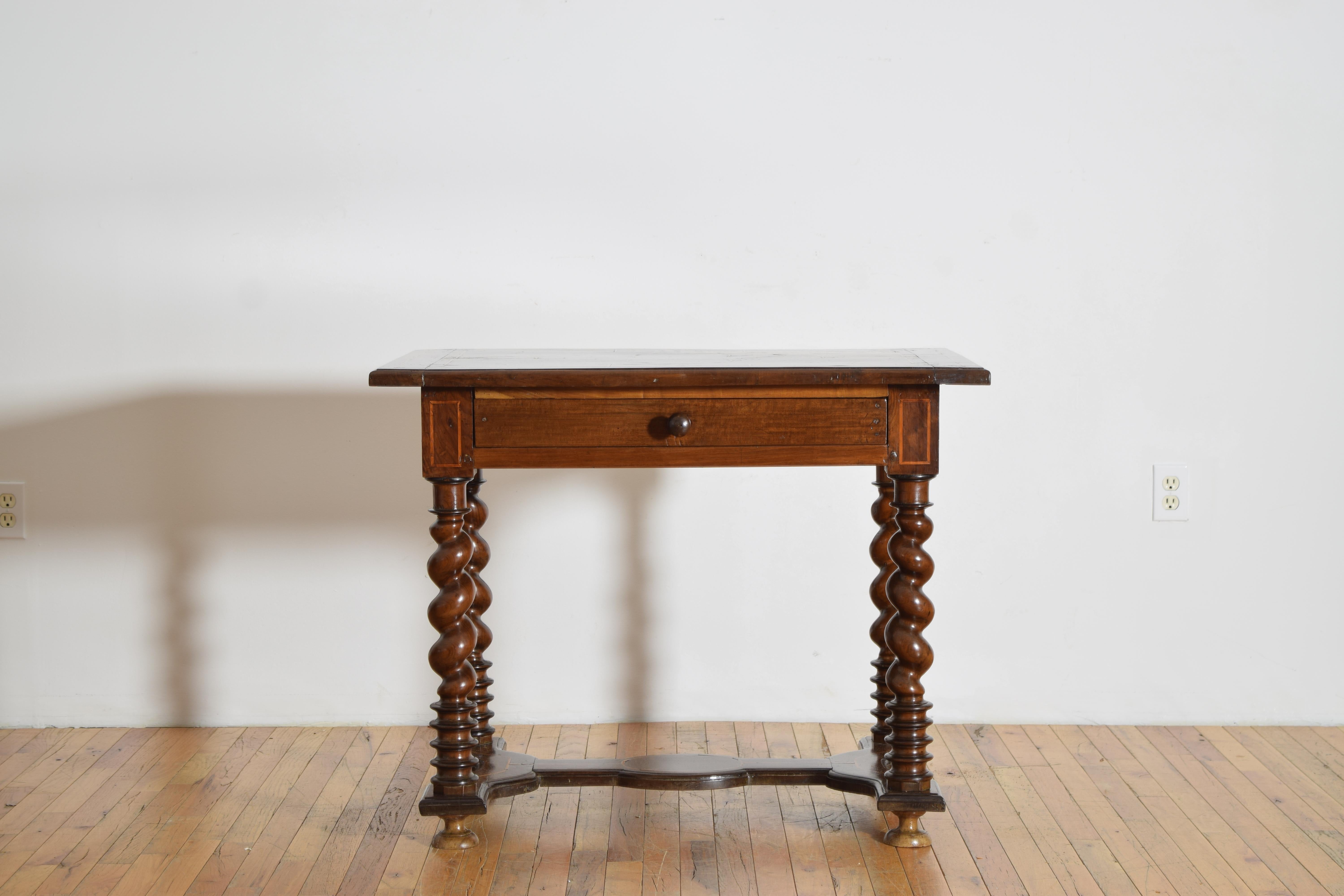 Inlay French Louis XIV Period Walnut, Line Inlaid, and Turned 1-Drawer Table, ca. 1735 For Sale