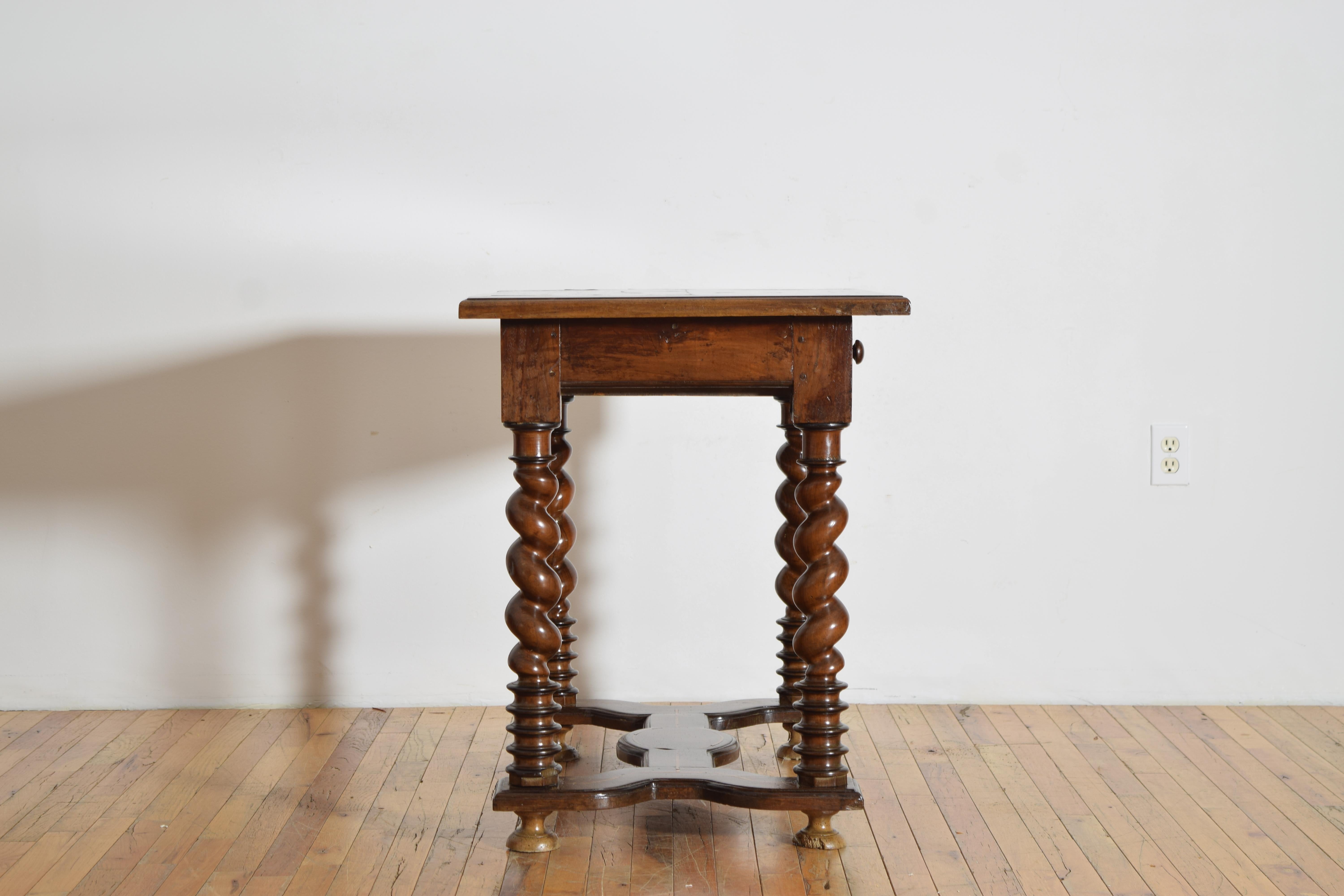 French Louis XIV Period Walnut, Line Inlaid, and Turned 1-Drawer Table, ca. 1735 In Good Condition For Sale In Atlanta, GA