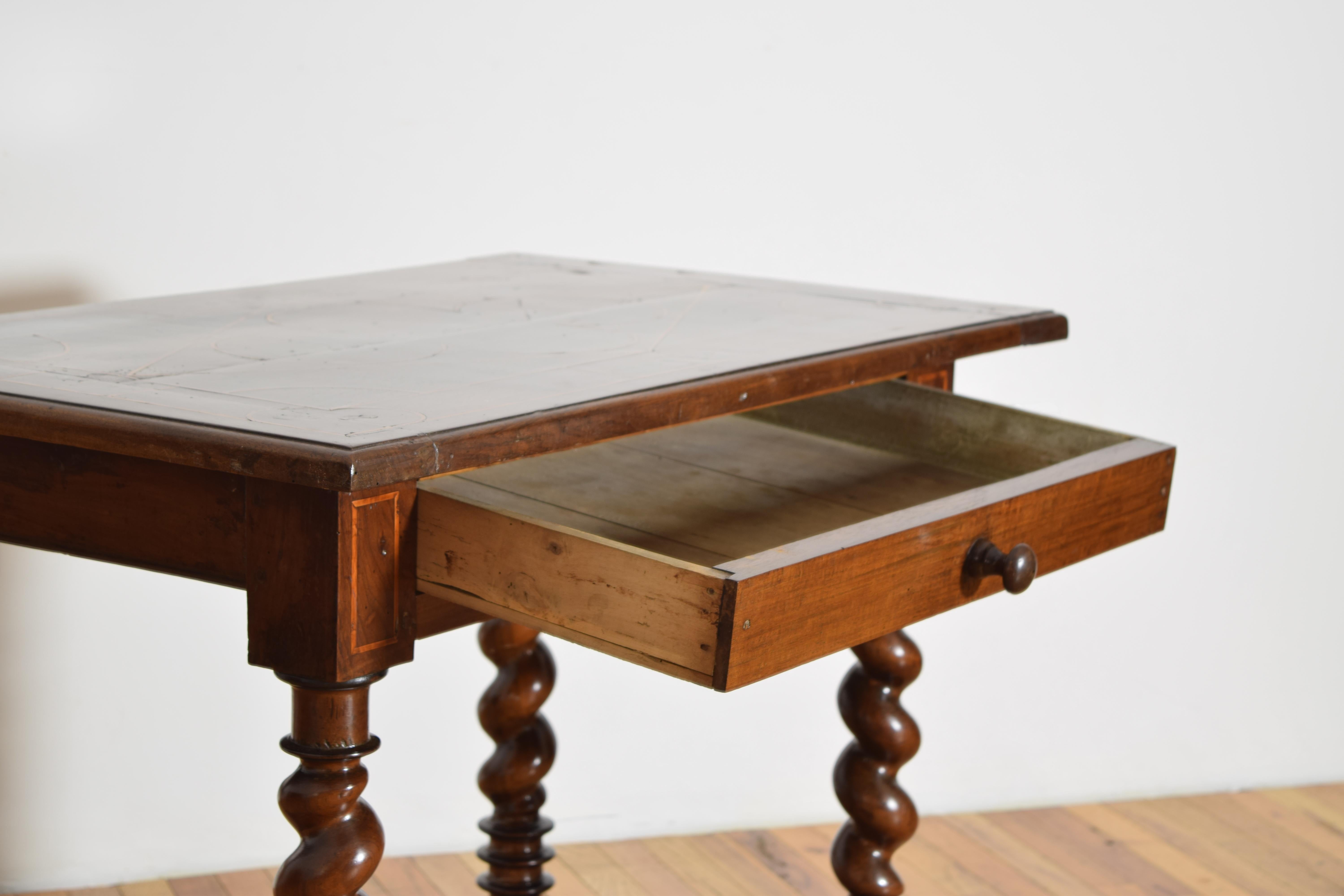 French Louis XIV Period Walnut, Line Inlaid, and Turned 1-Drawer Table, ca. 1735 For Sale 2