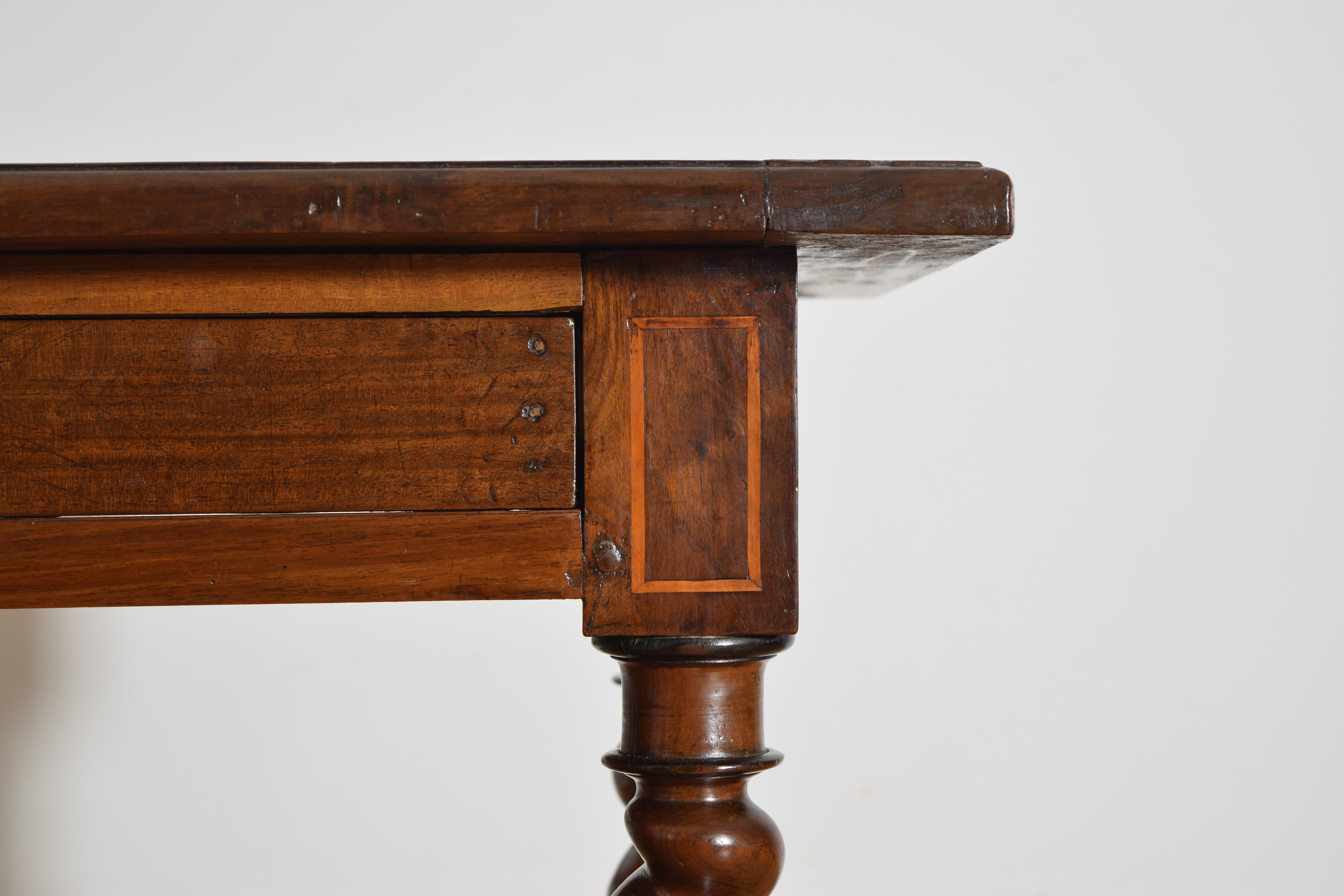 French Louis XIV Period Walnut, Line Inlaid, and Turned 1-Drawer Table, ca. 1735 For Sale 3