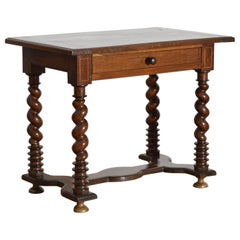 French Louis XIV Period Walnut, Line Inlaid, and Turned 1-Drawer Table, ca. 1735