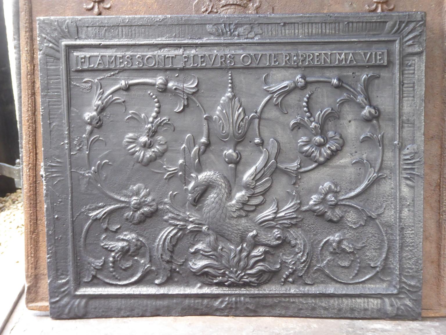 Late 17th-early 18th century French Louis XIV fireback with a phoenix arising from its ashes. With the text: 