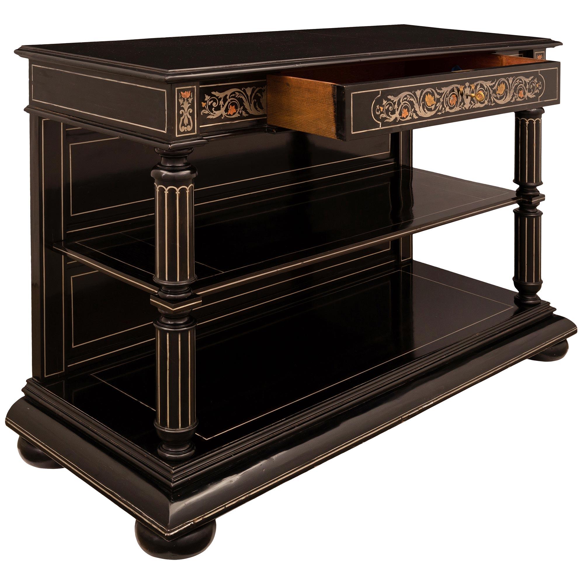 19th Century French Louis XIV St. Boulle Two-Tier Rectangular Ebony Console For Sale