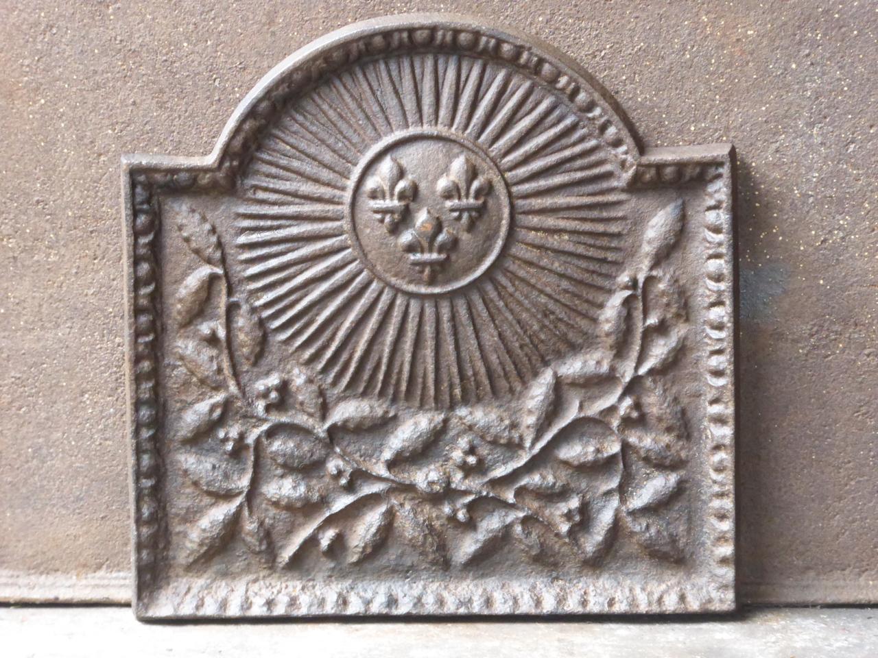French Louis XIV style fireback with the arms of France. The sun symbolizes King Louis XIV, the Sun King. The olive branches symbolize peace and victory.







 
