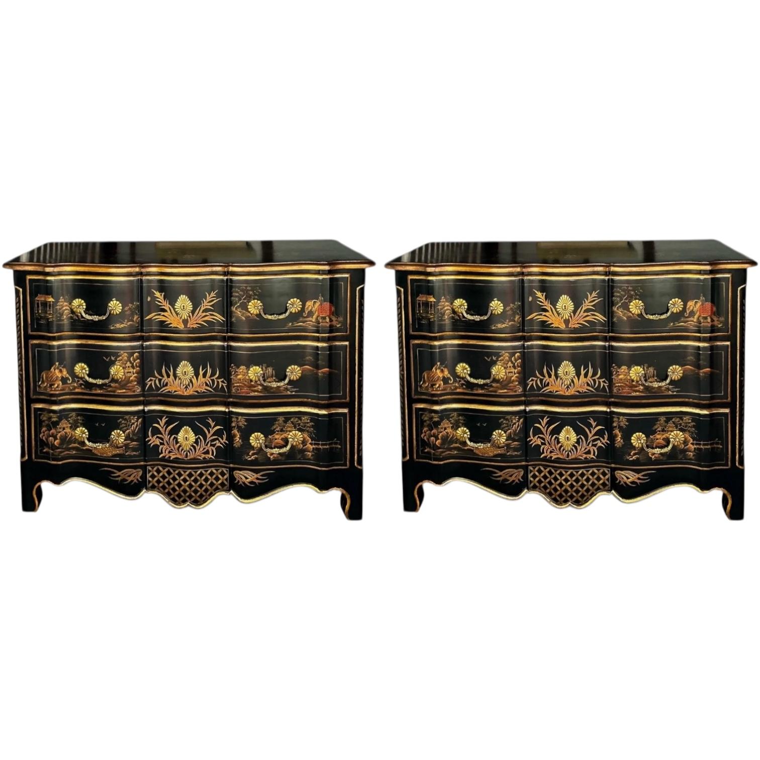 These are hand painted French Louis XIV style chinoiserie chests. I love the vivid pastoral scenes, particularly on the tops. The key escutcheons are faux. The drawers have dovetail construction, and they are unmarked.
