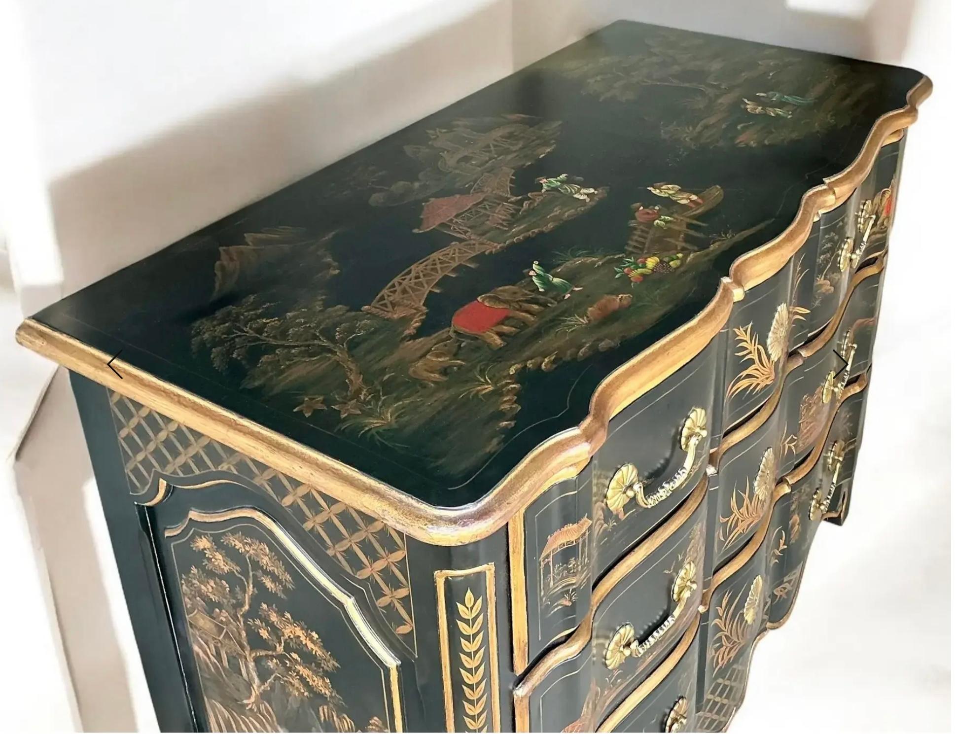 American French Louis XIV Style Black Lacquer & Gilt Chinoiserie Chests / Commodes -Pair For Sale