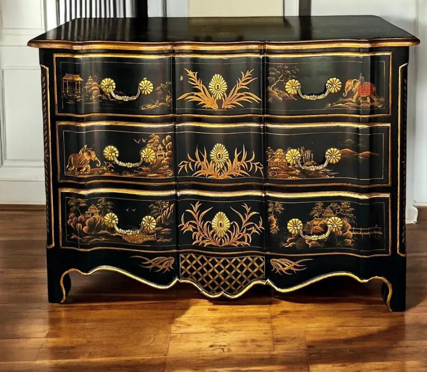 Brass French Louis XIV Style Black Lacquer & Gilt Chinoiserie Chests / Commodes -Pair For Sale