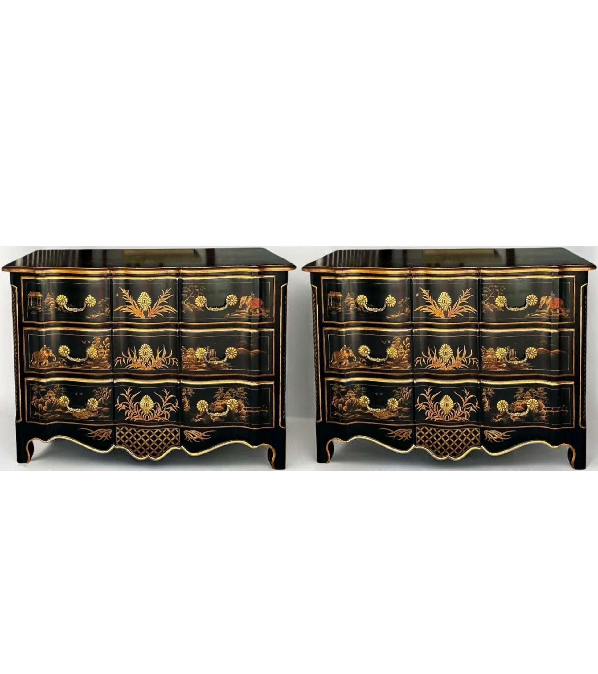 French Louis XIV Style Black Lacquer & Gilt Chinoiserie Chests / Commodes -Pair For Sale 1