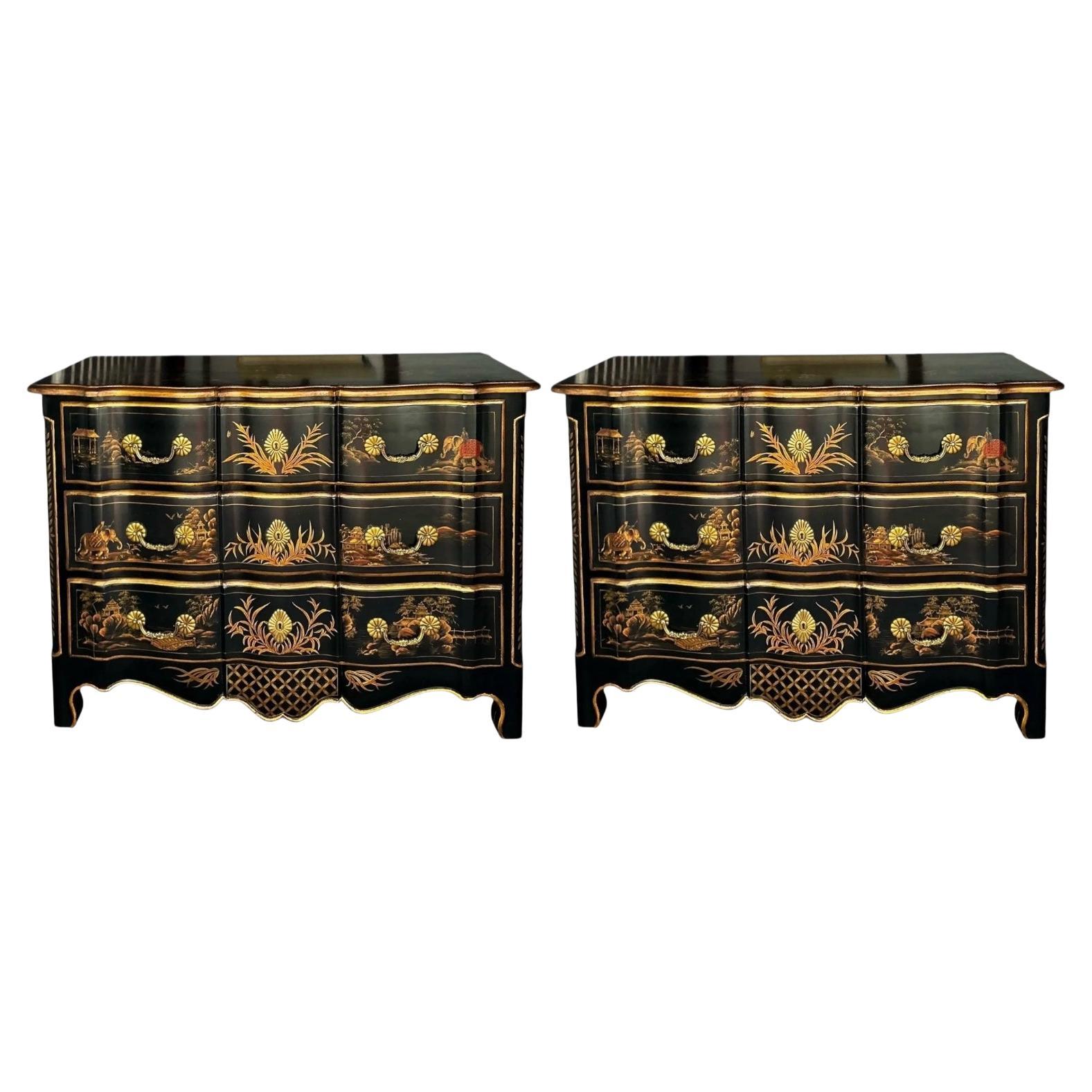 French Louis XIV Style Black Lacquer & Gilt Chinoiserie Chests / Commodes -Pair For Sale