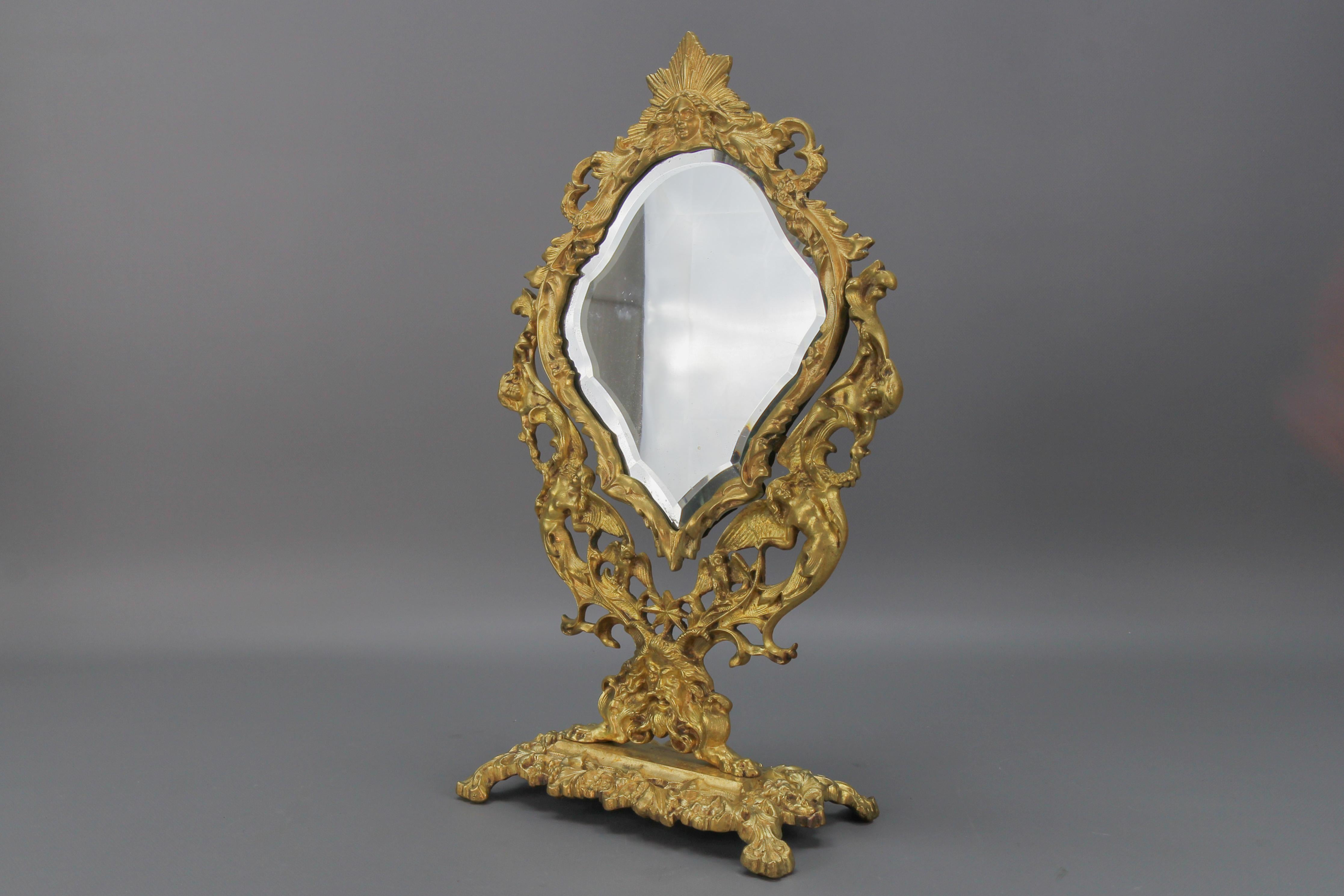 French Louis XIV Style Bronze and Brass Faceted Desktop Mirror  For Sale 8
