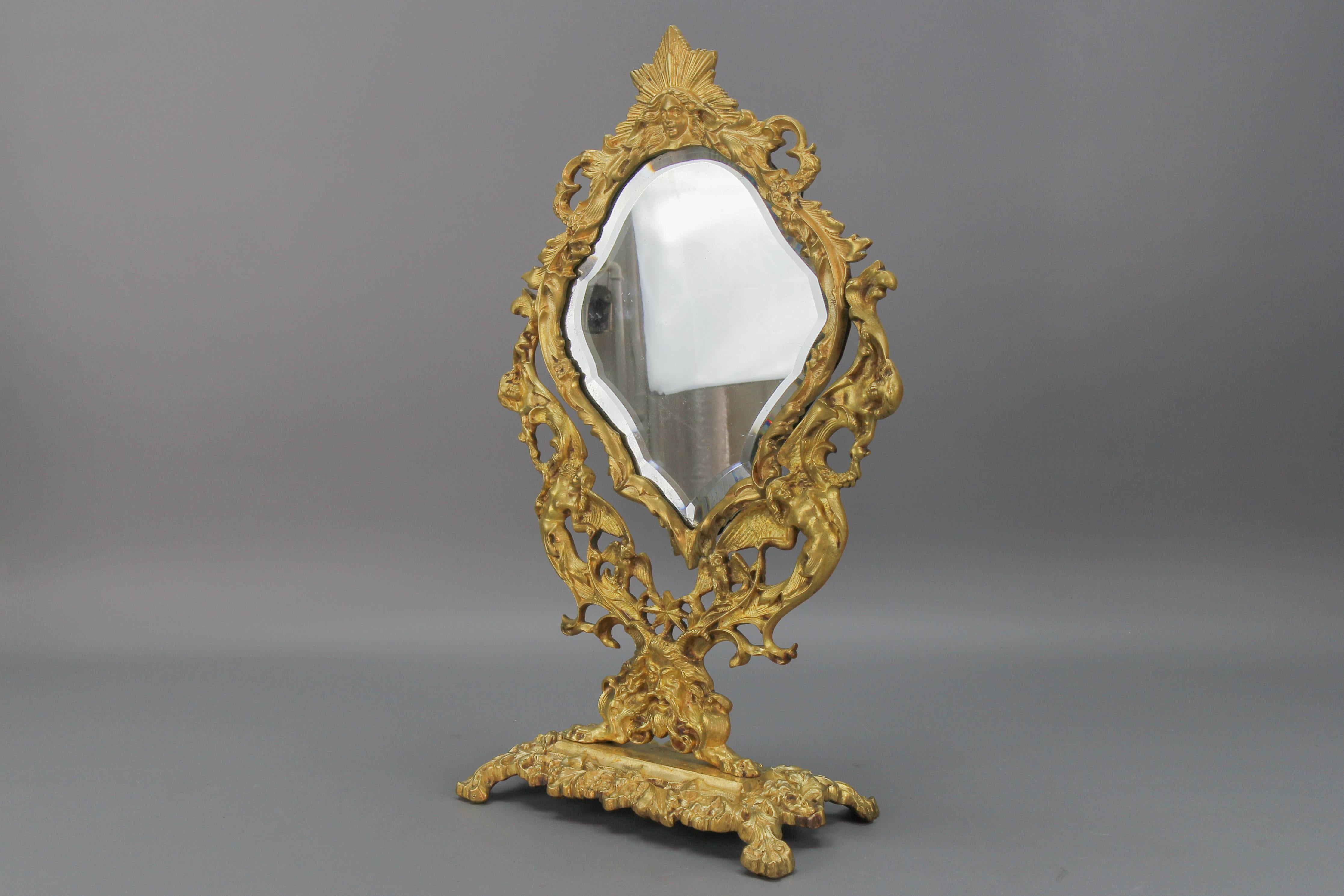 French Louis XIV Style Bronze and Brass Faceted Desktop Mirror  For Sale 11