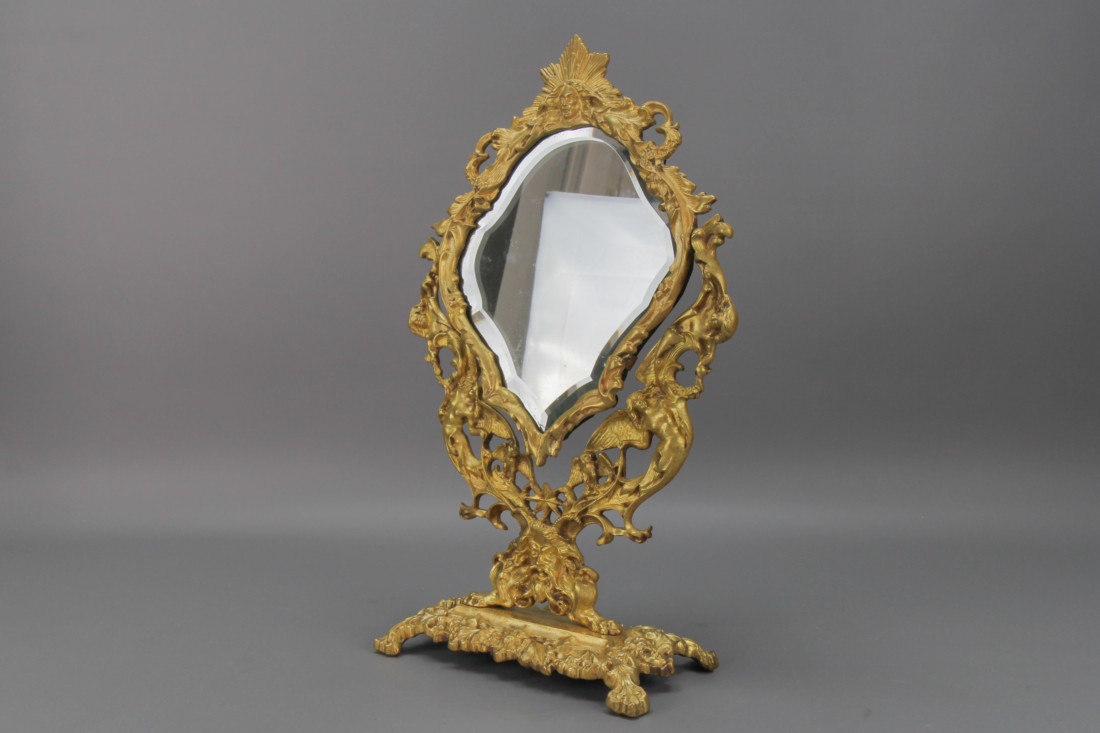 French Louis XIV Style Bronze and Brass Faceted Desktop Mirror  For Sale 12