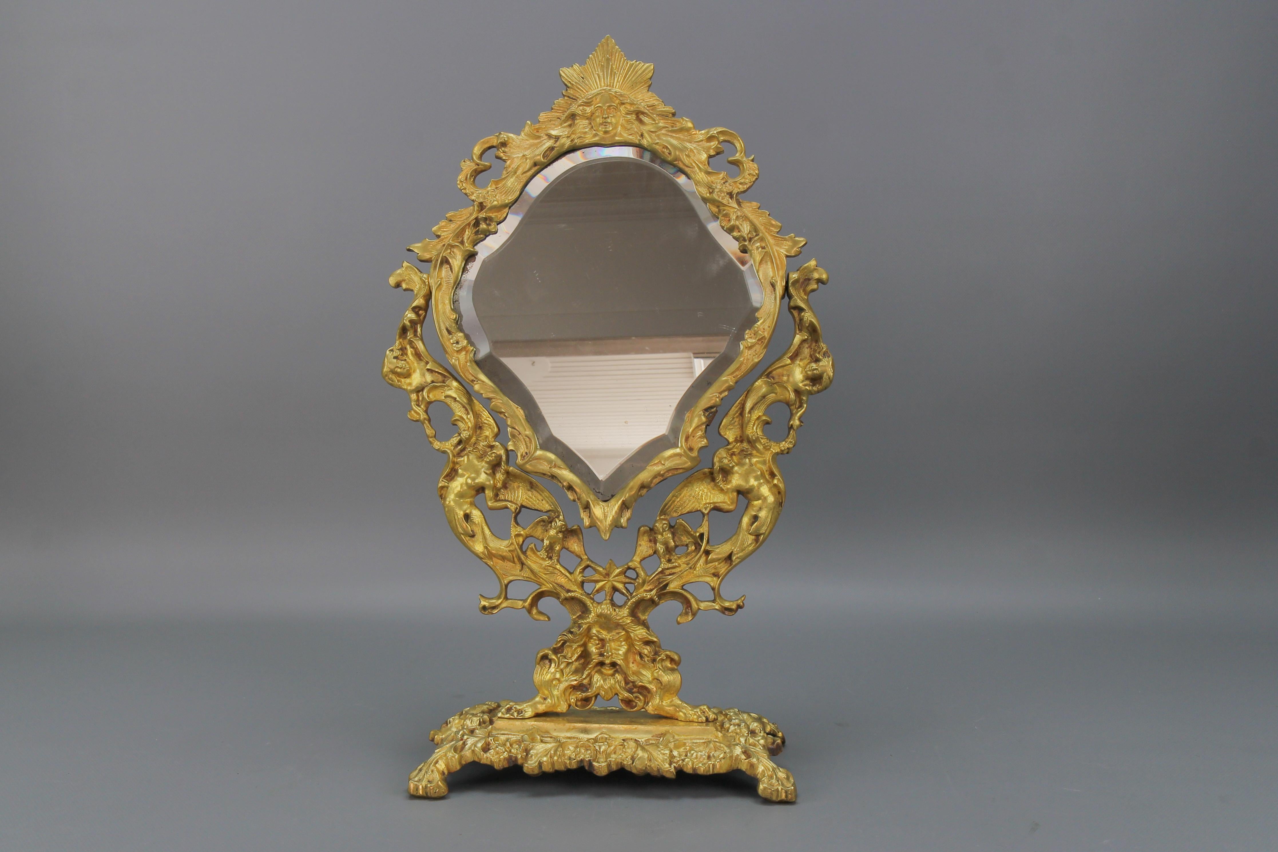 French Louis XIV Style Bronze and Brass Faceted Desktop Mirror  For Sale 13