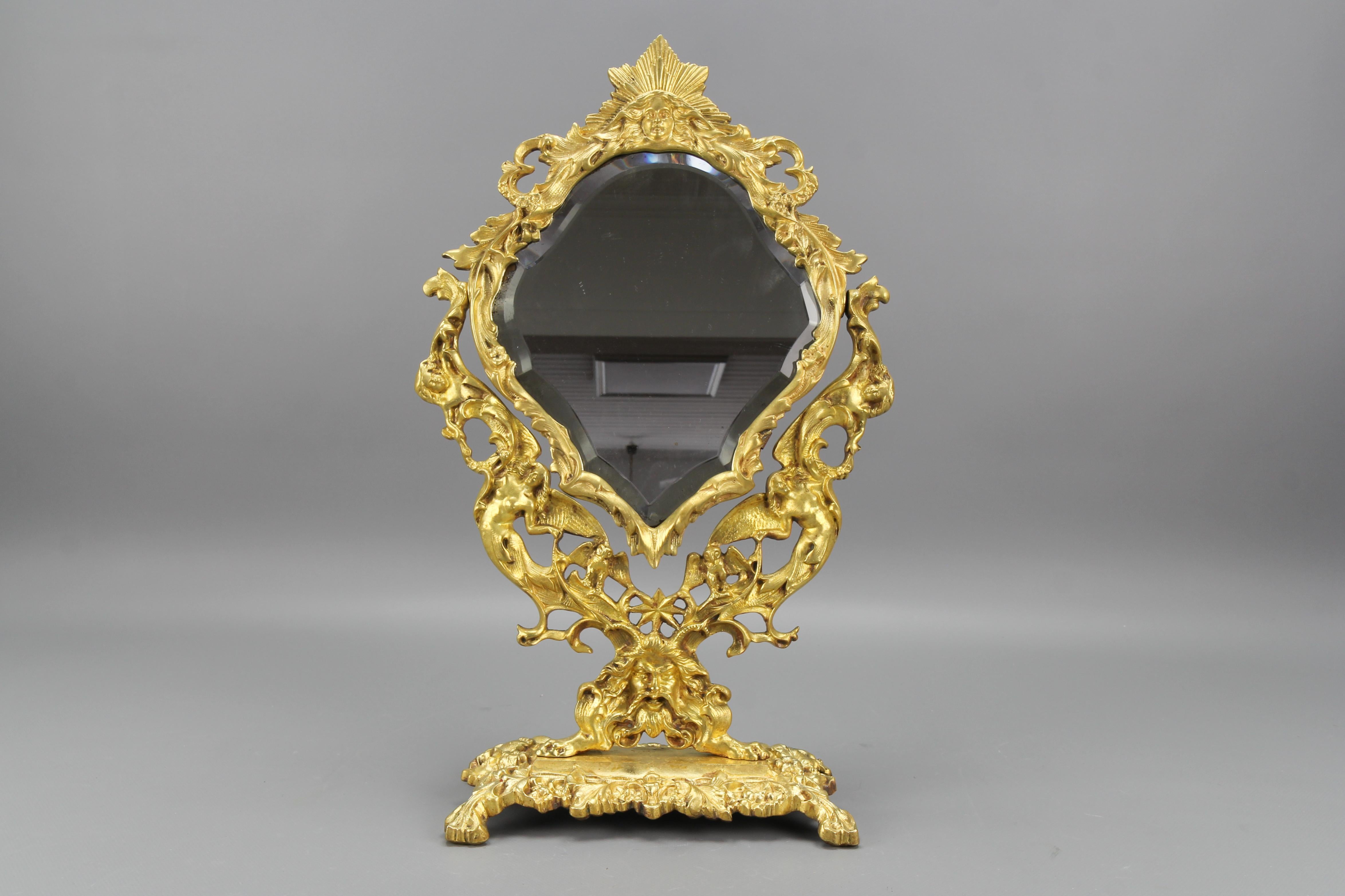 French Louis XIV Style Bronze and Brass Faceted Desktop Mirror  For Sale 16