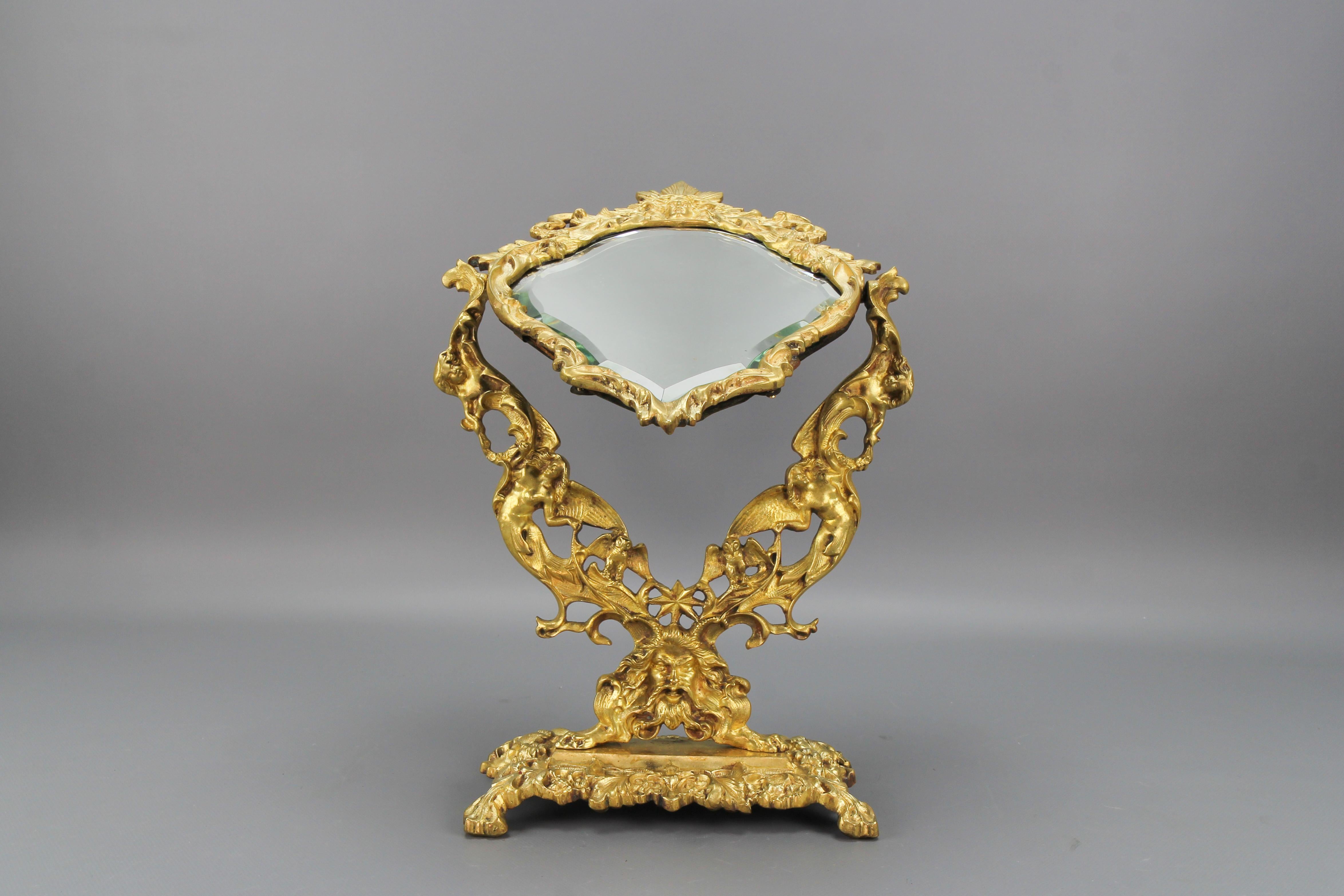 Early 20th Century French Louis XIV Style Bronze and Brass Faceted Desktop Mirror  For Sale