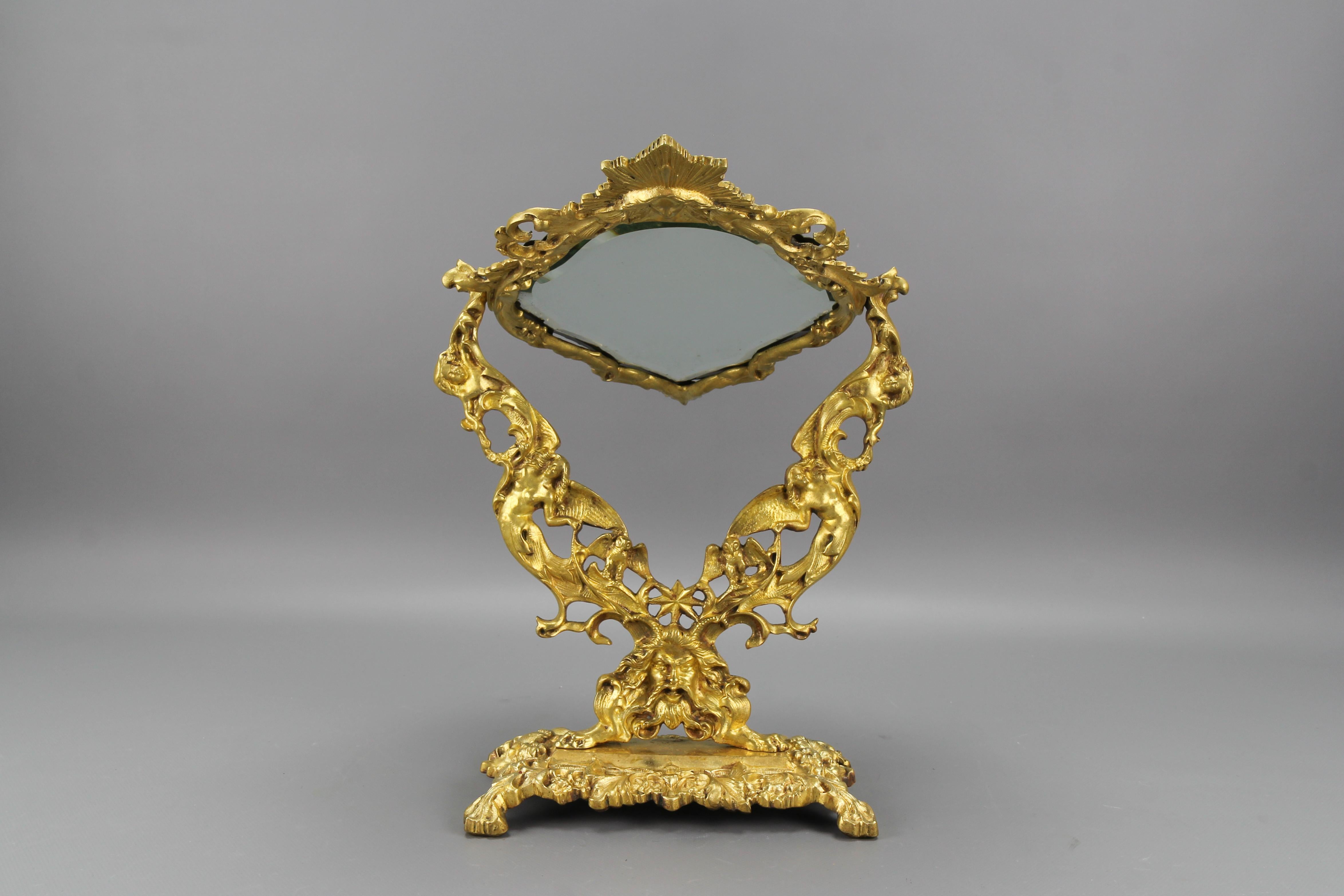 French Louis XIV Style Bronze and Brass Faceted Desktop Mirror  For Sale 1