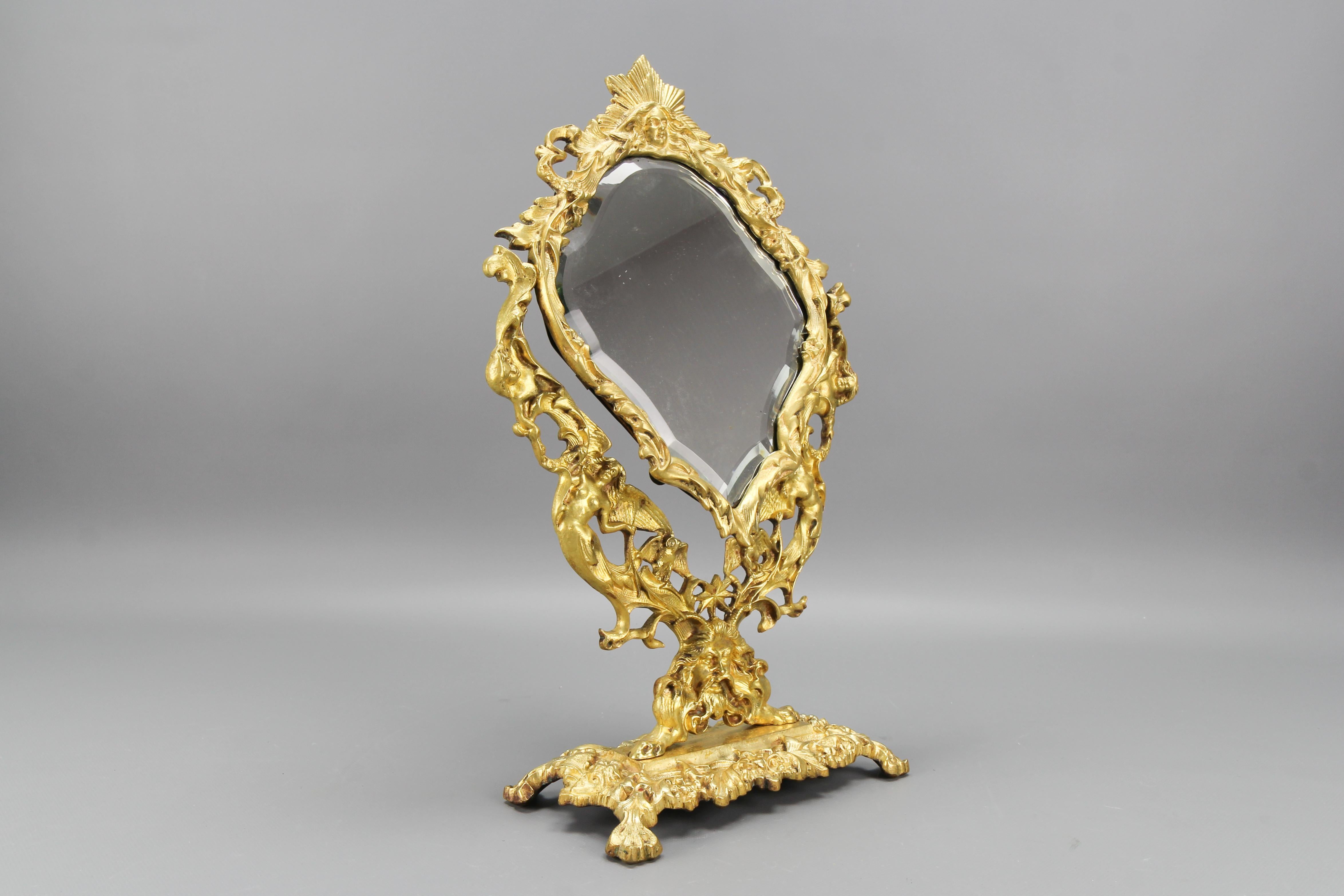 French Louis XIV Style Bronze and Brass Faceted Desktop Mirror  For Sale 2